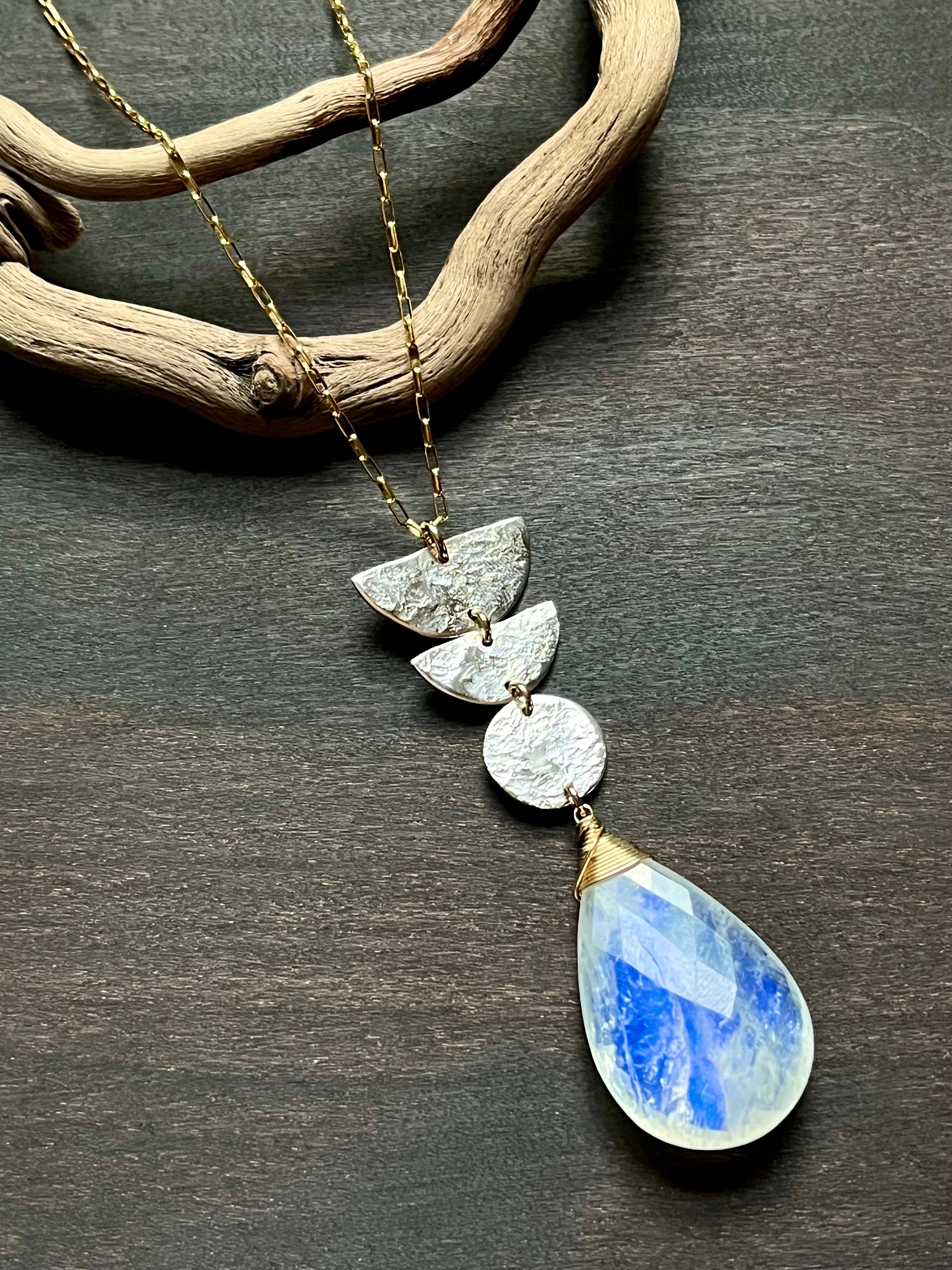 •NYX• rainbow moonstone + moon stack + mixed metal necklace (26"-28")