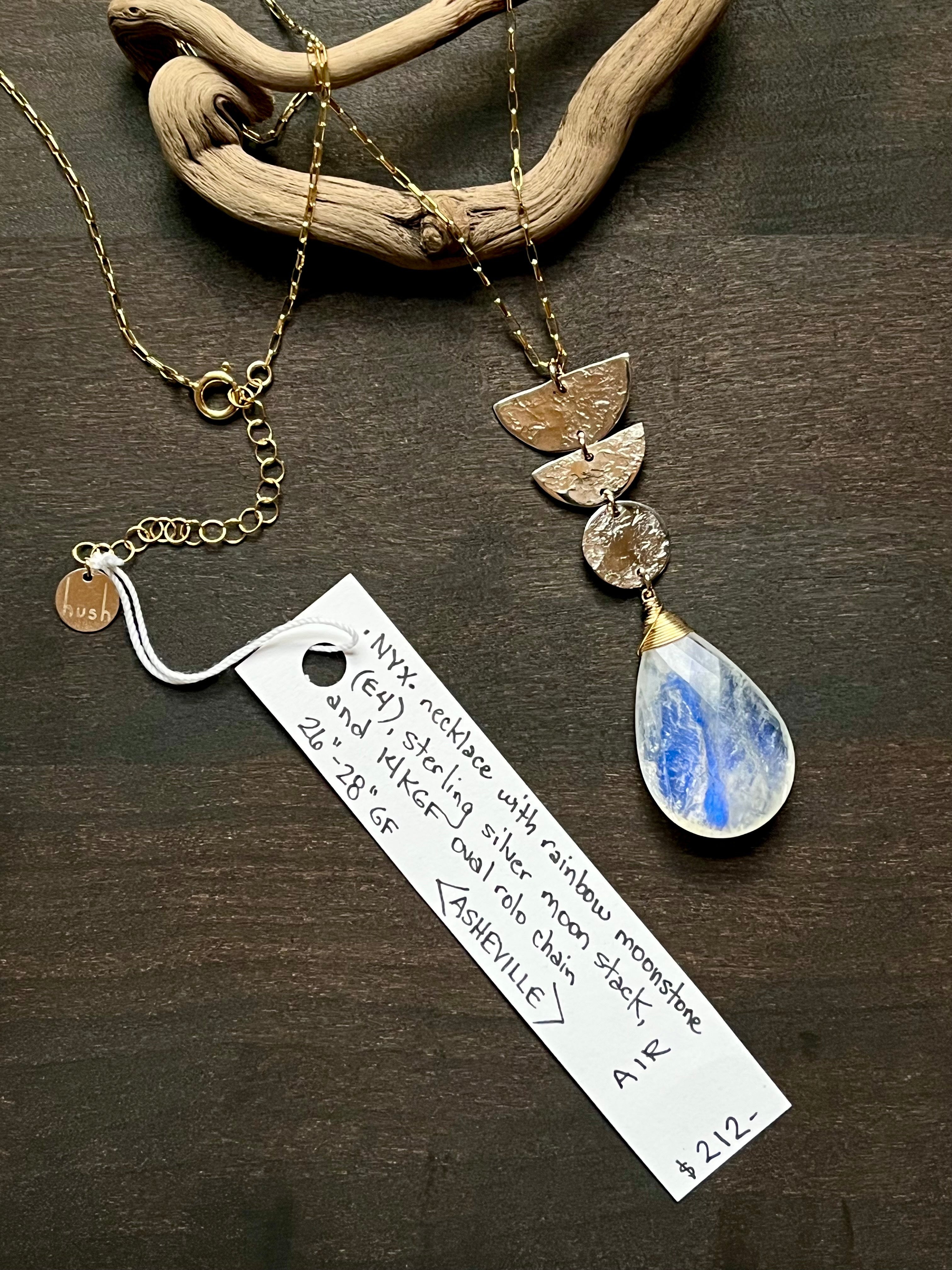 •NYX• rainbow moonstone + moon stack + mixed metal necklace (26"-28")