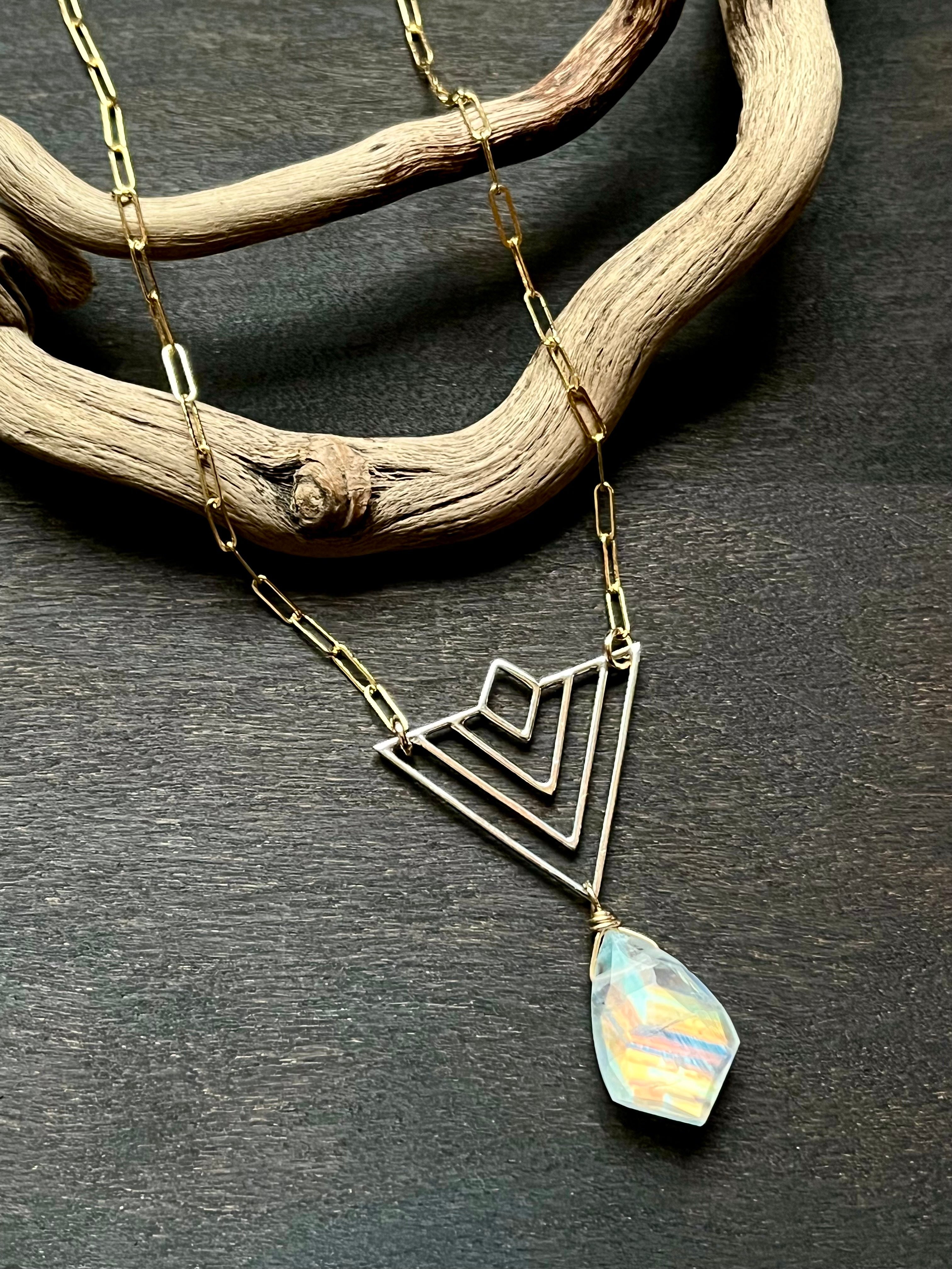•GIZA• rainbow moonstone + pyramid + mixed metal necklace (18"-20")