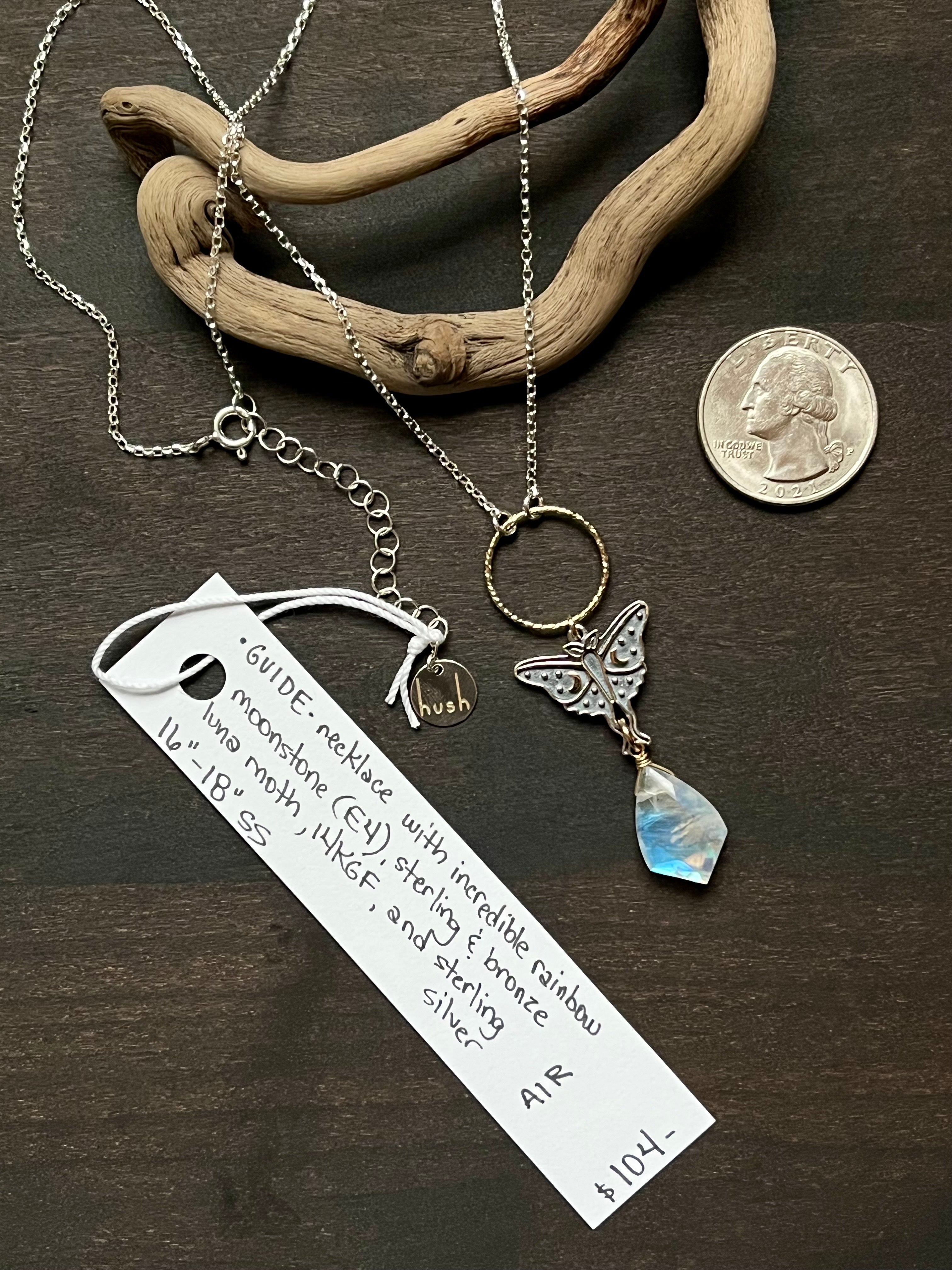 •GUIDE• rainbow moonstone + luna moth + mixed metal necklace (16"-18")