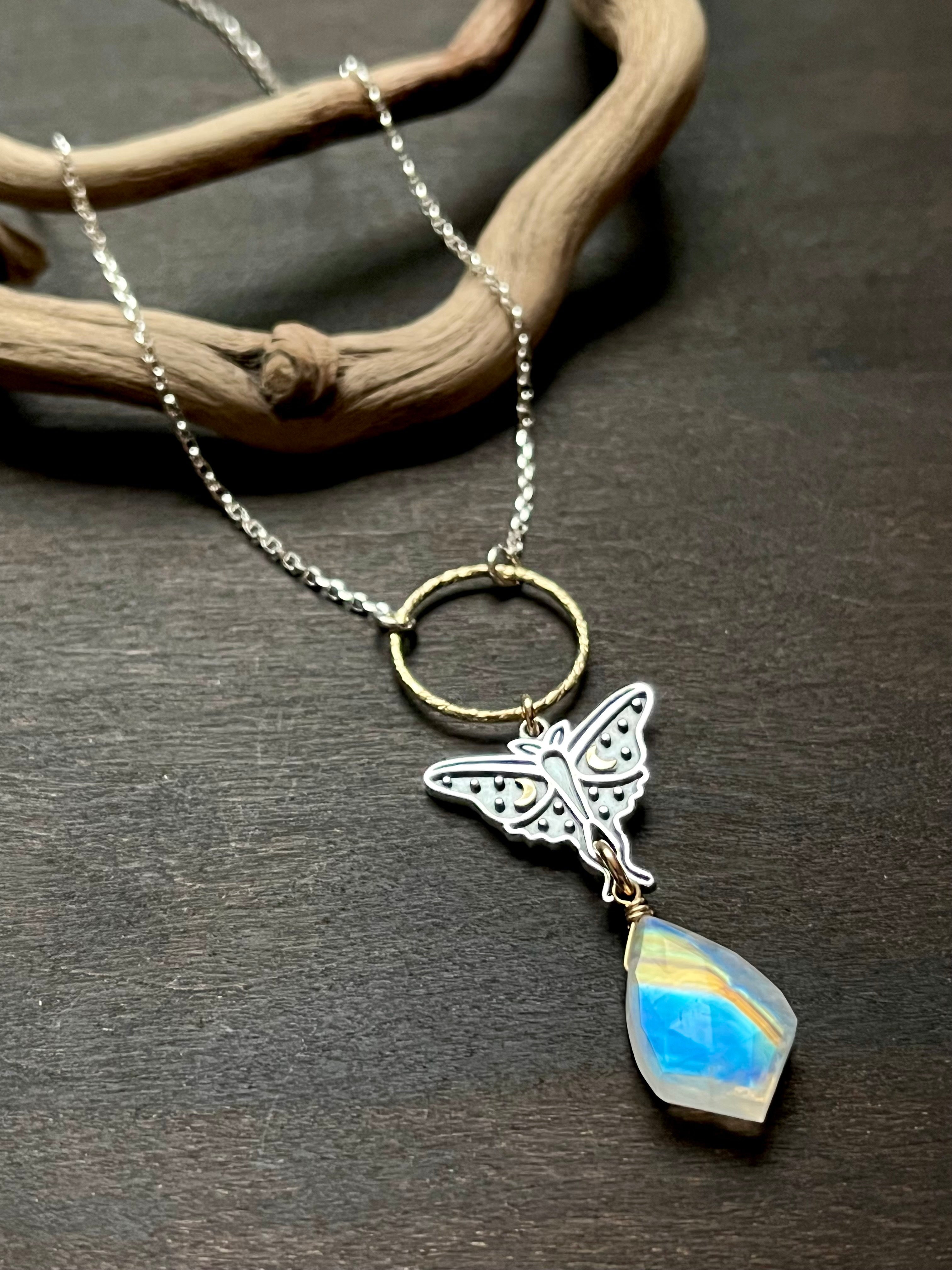 •GUIDE• rainbow moonstone + luna moth + mixed metal necklace (16"-18")