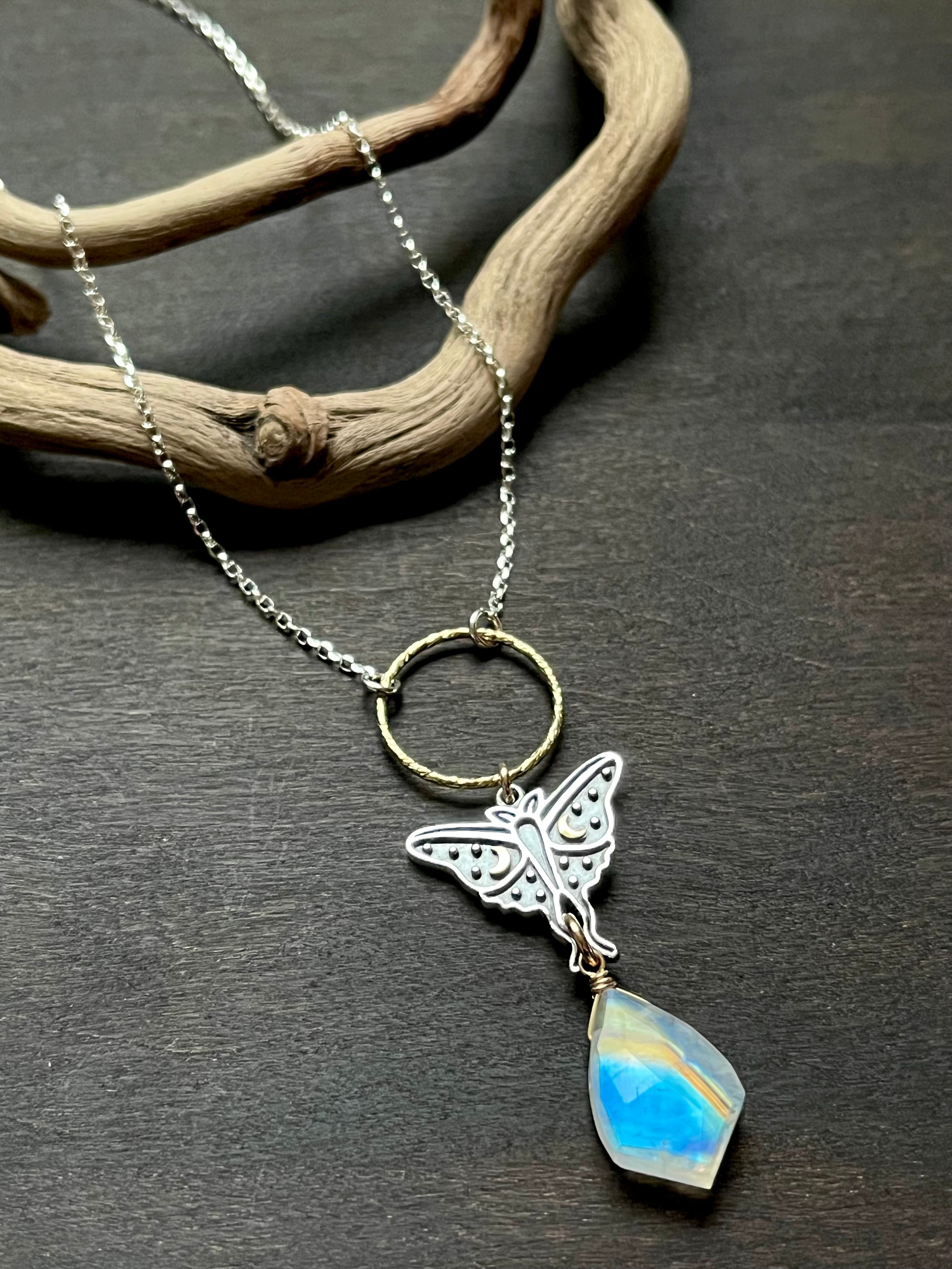 •GUIDE• rainbow moonstone + luna moth + mixed metal necklace (16"-18")