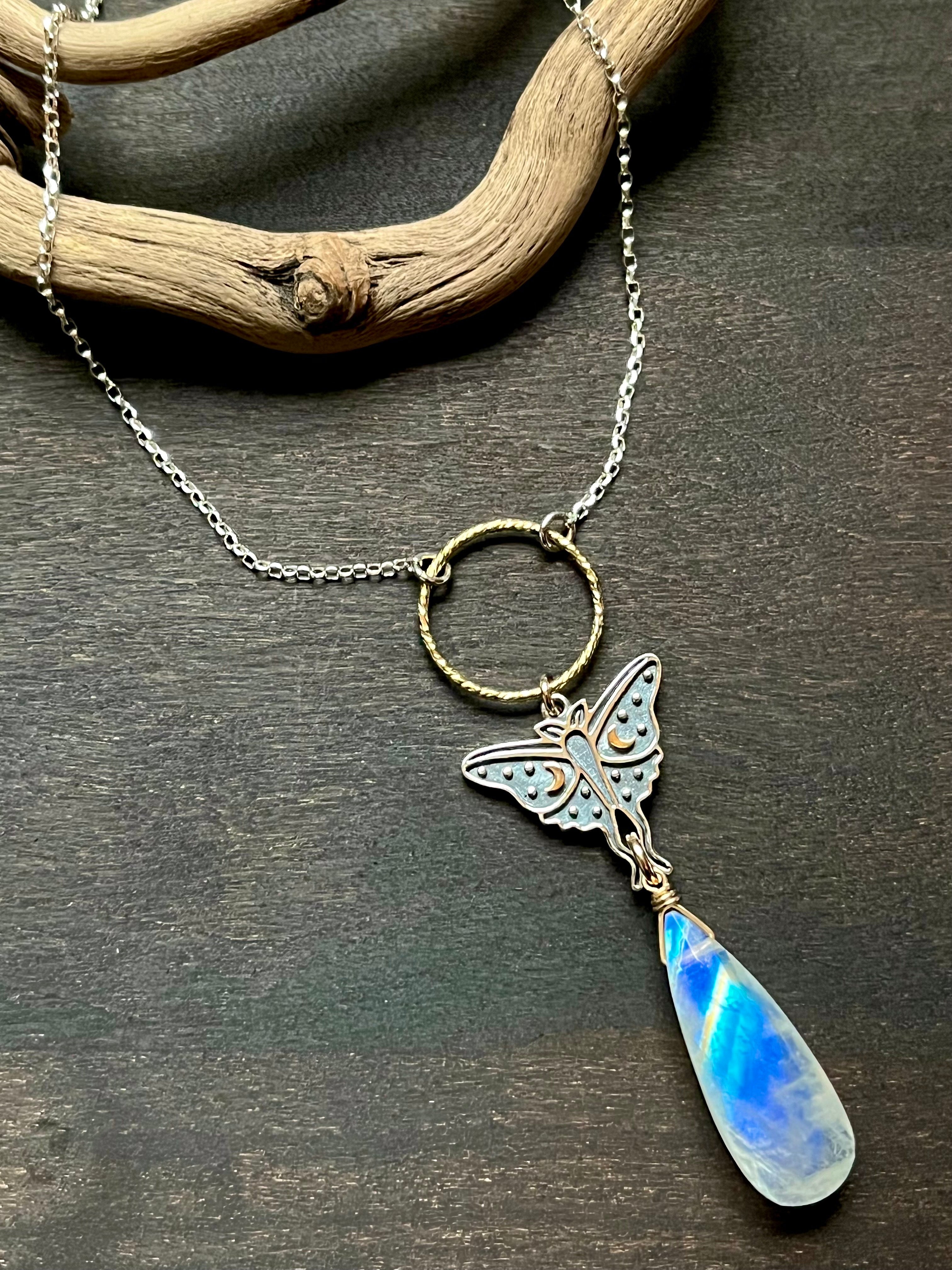 •GUIDE• rainbow moonstone + luna moth + mixed metal necklace (18"-20")