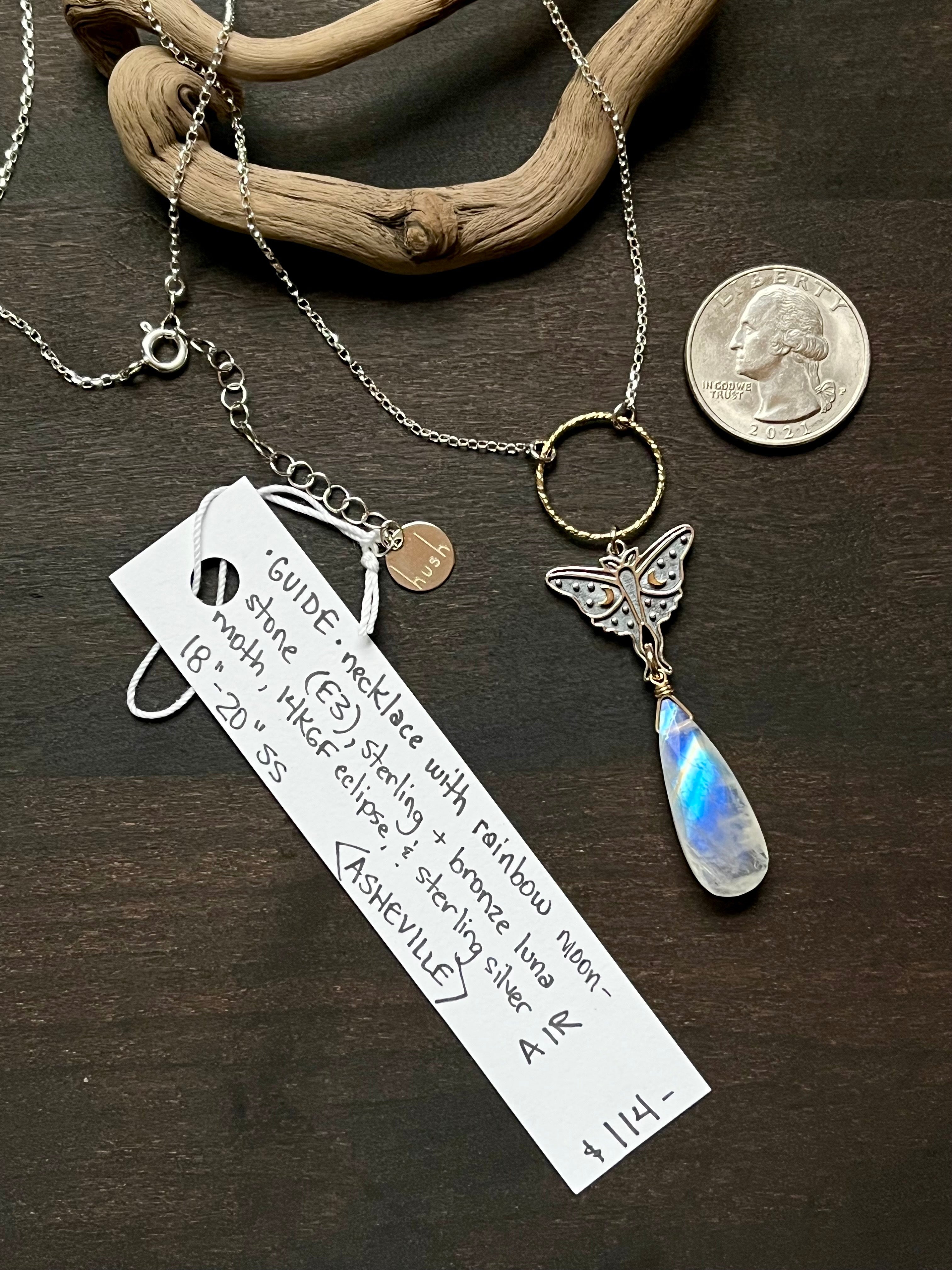•GUIDE• rainbow moonstone + luna moth + mixed metal necklace (18"-20")
