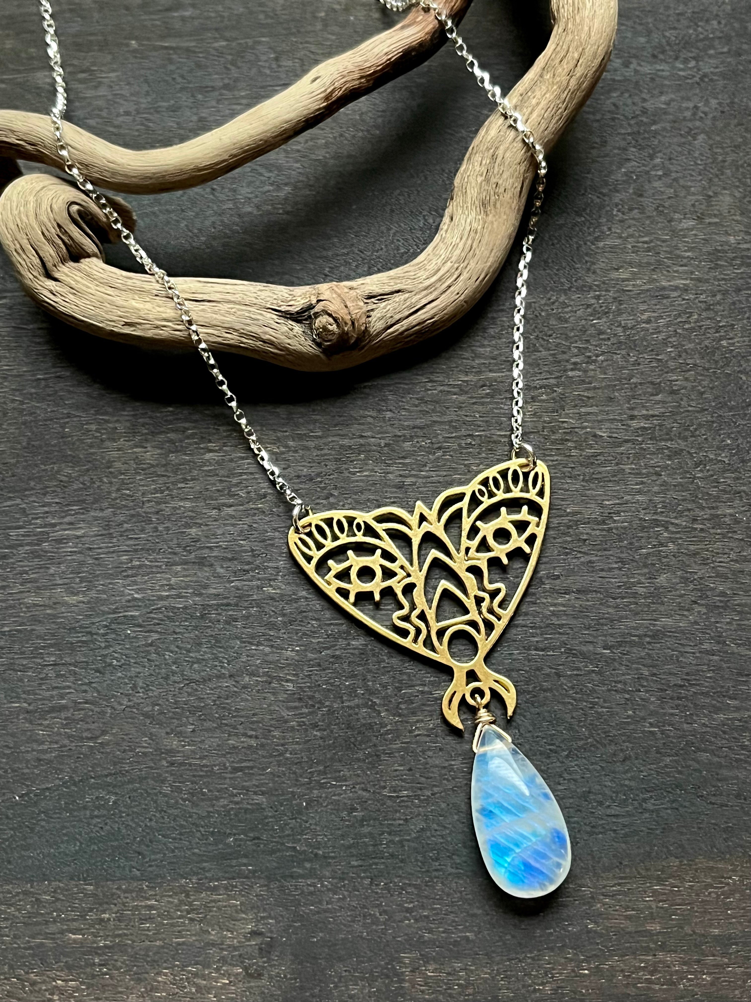 •GUIDE• rainbow moonstone + moth + mixed metal necklace (18"-20")