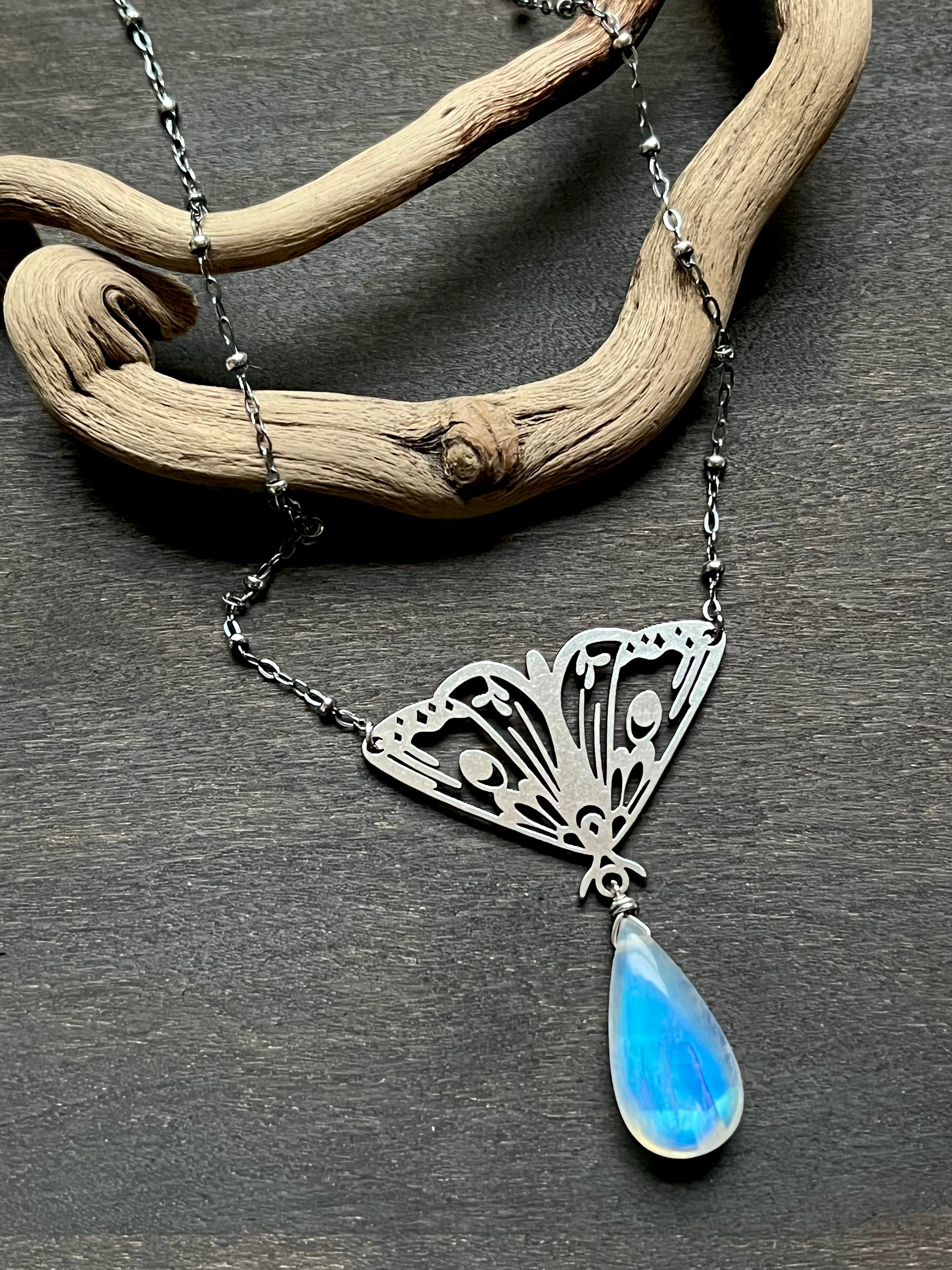 •GUIDE• rainbow moonstone + moth + mixed metal necklace (18"-20")