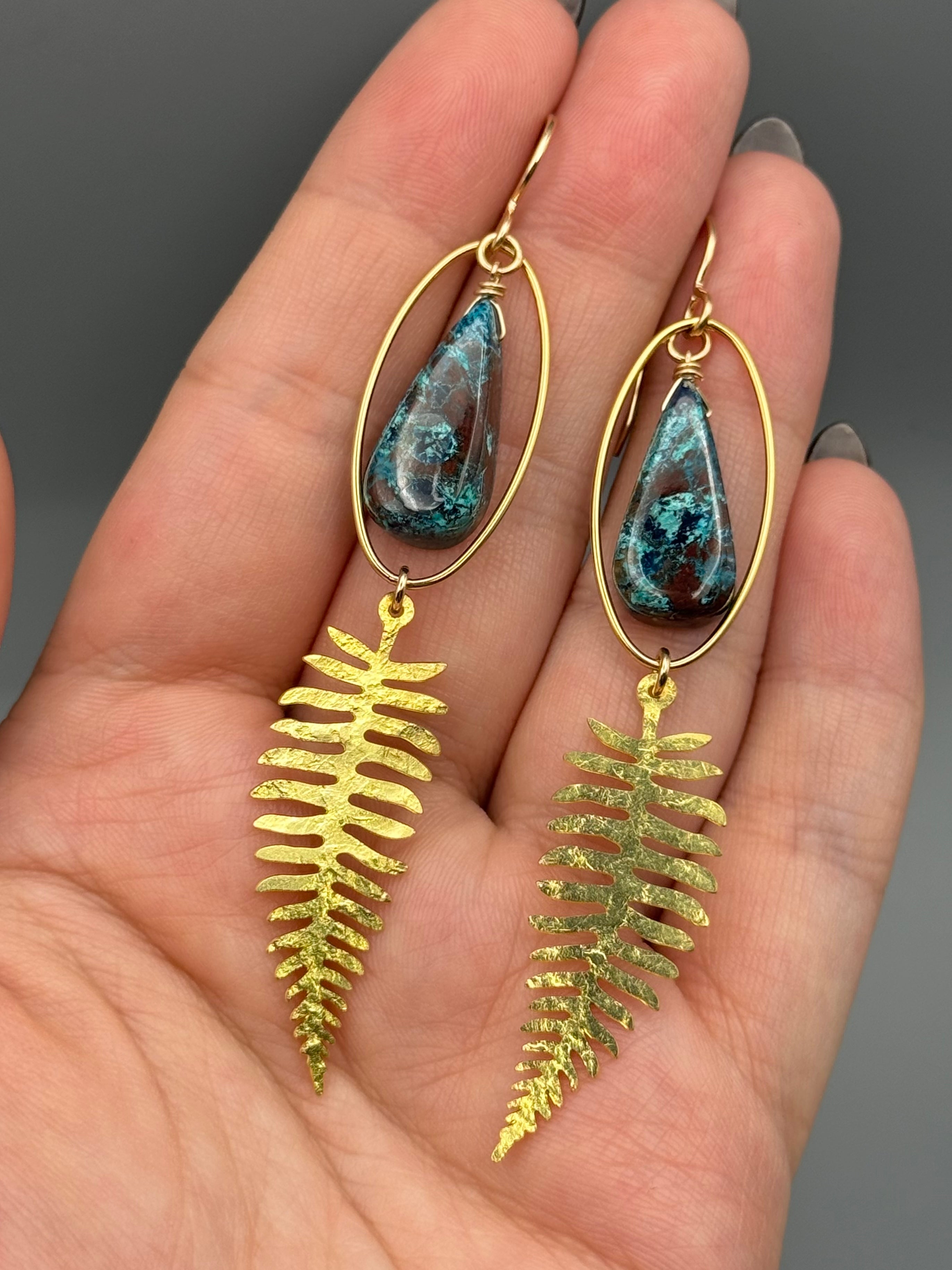 •FERN GULLY• shattuckite tear + gold earrings