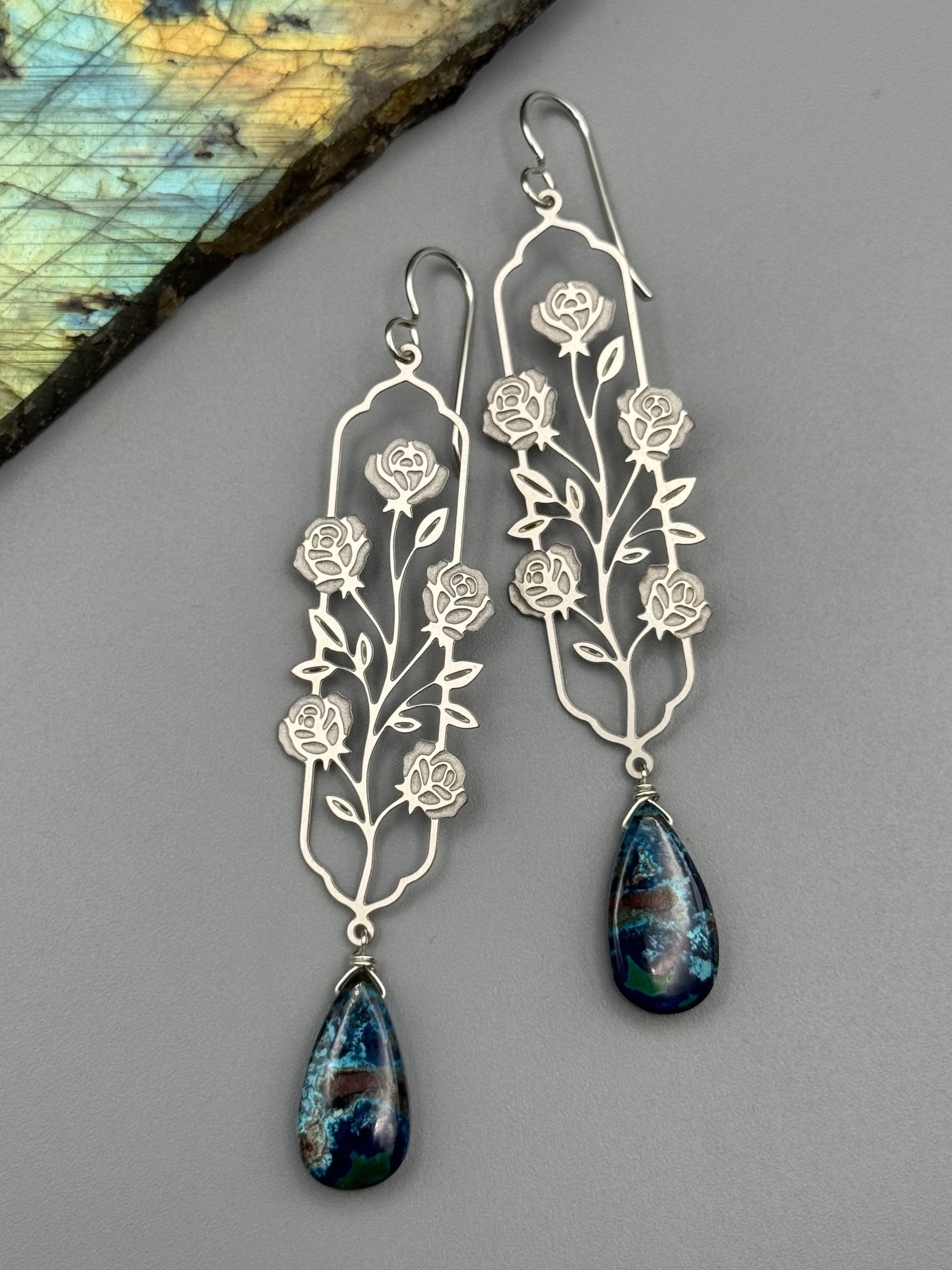 •ROSE WINDOW• shattuckite tear + silver earrings