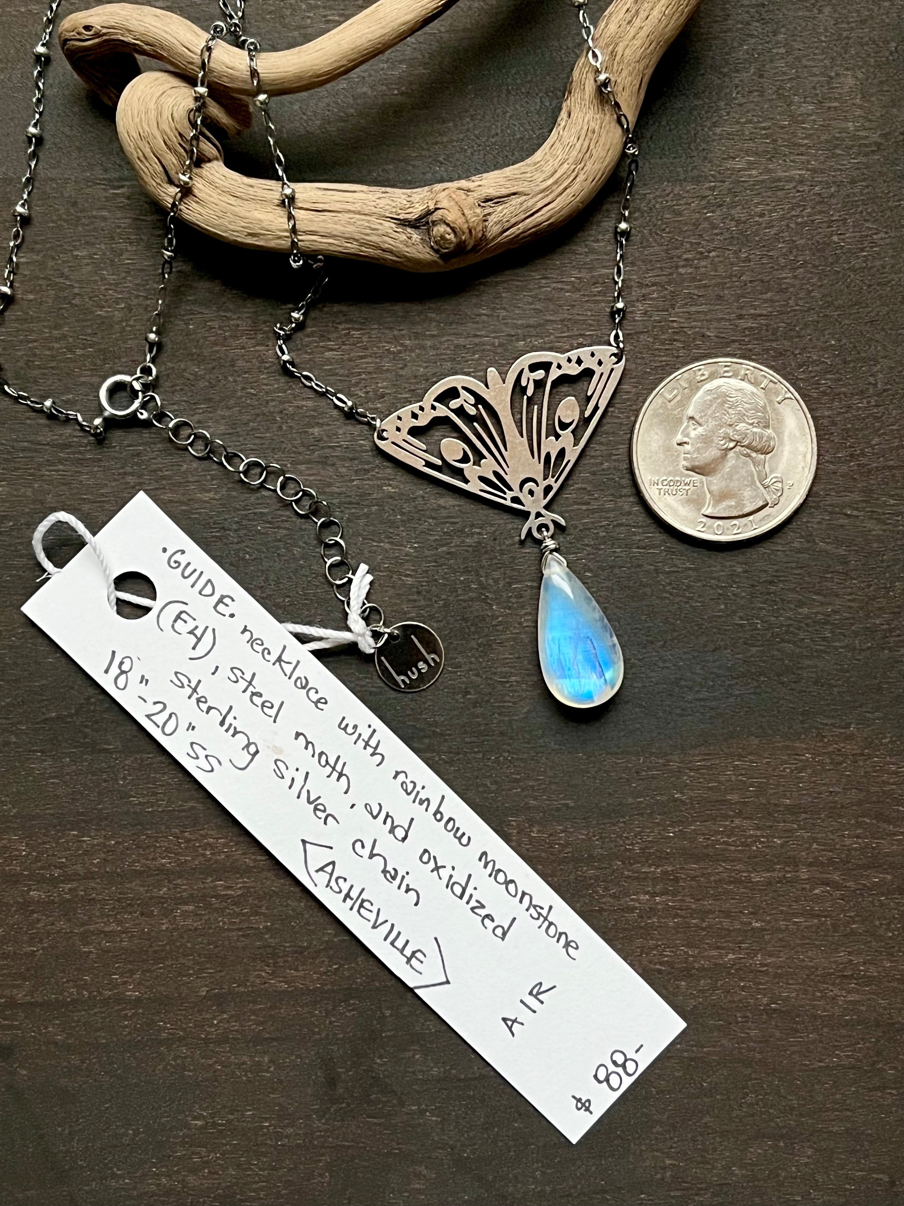 •GUIDE• rainbow moonstone + moth + mixed metal necklace (18"-20")