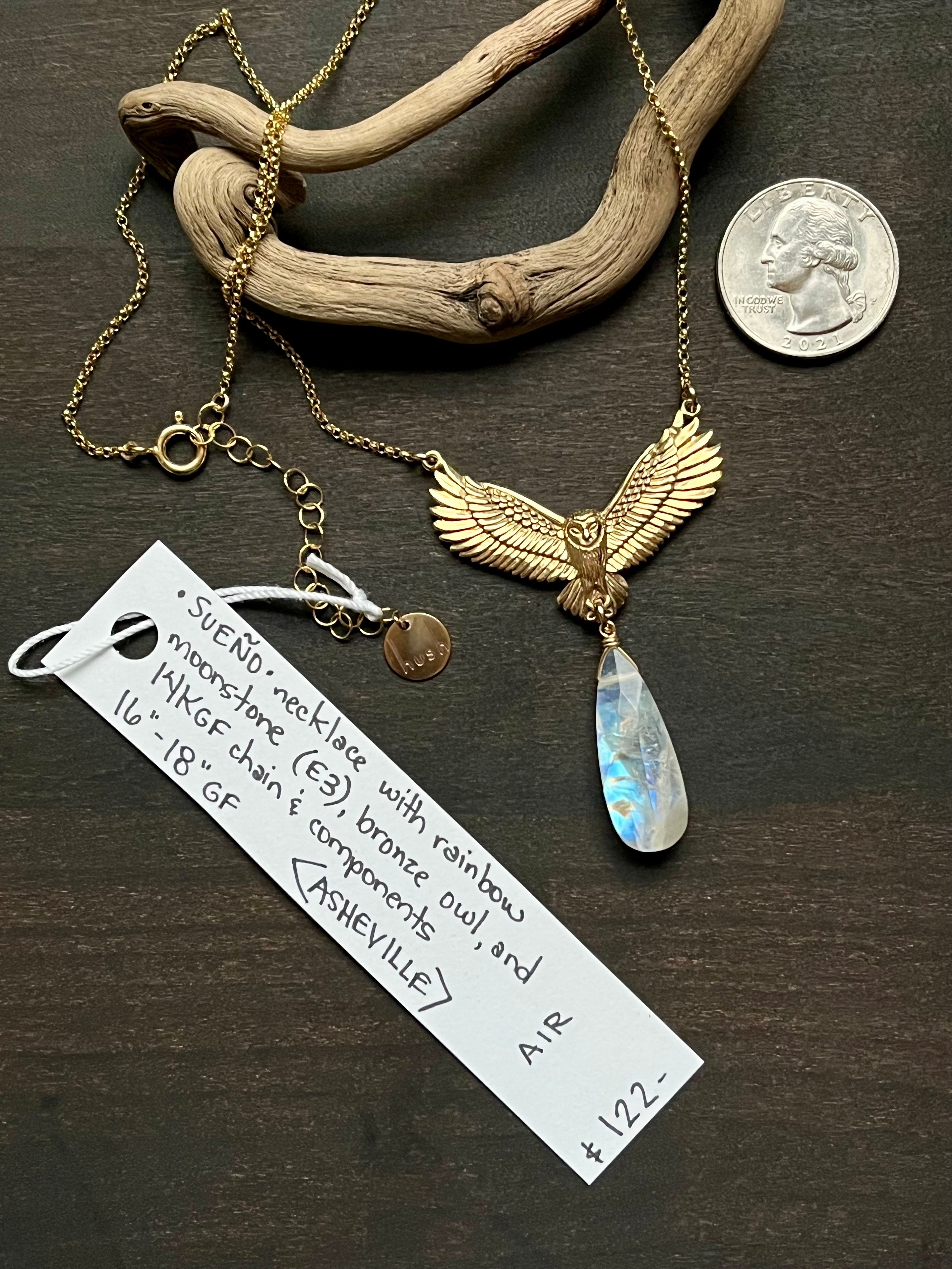 •SUEÑO• rainbow moonstone + owl + mixed metal necklace (16"-18")