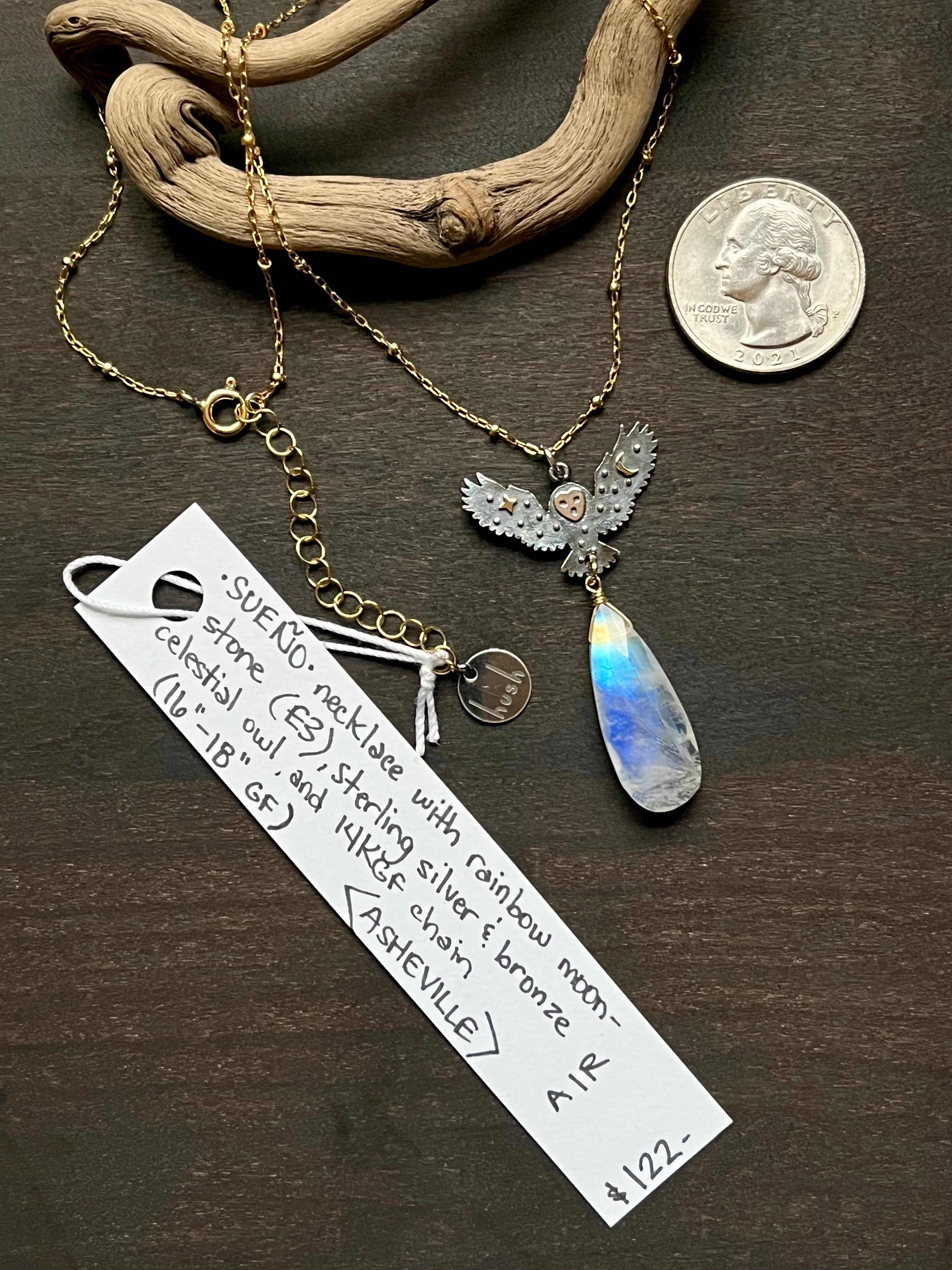 •SUEÑO• rainbow moonstone + cosmic owl + mixed metal necklace (16"-18")