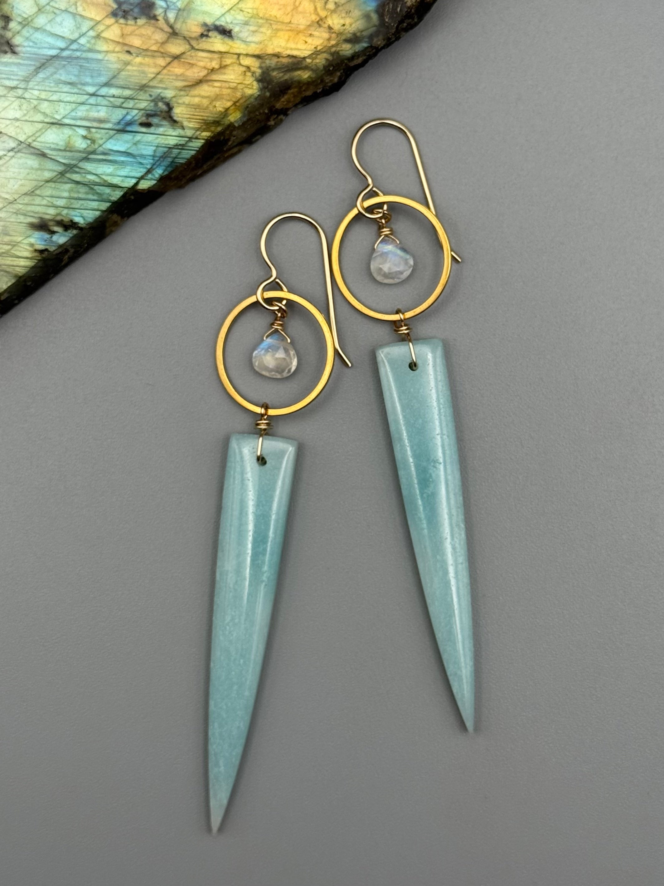 •LUNA• rainbow moonstone + amazonite gold earrings