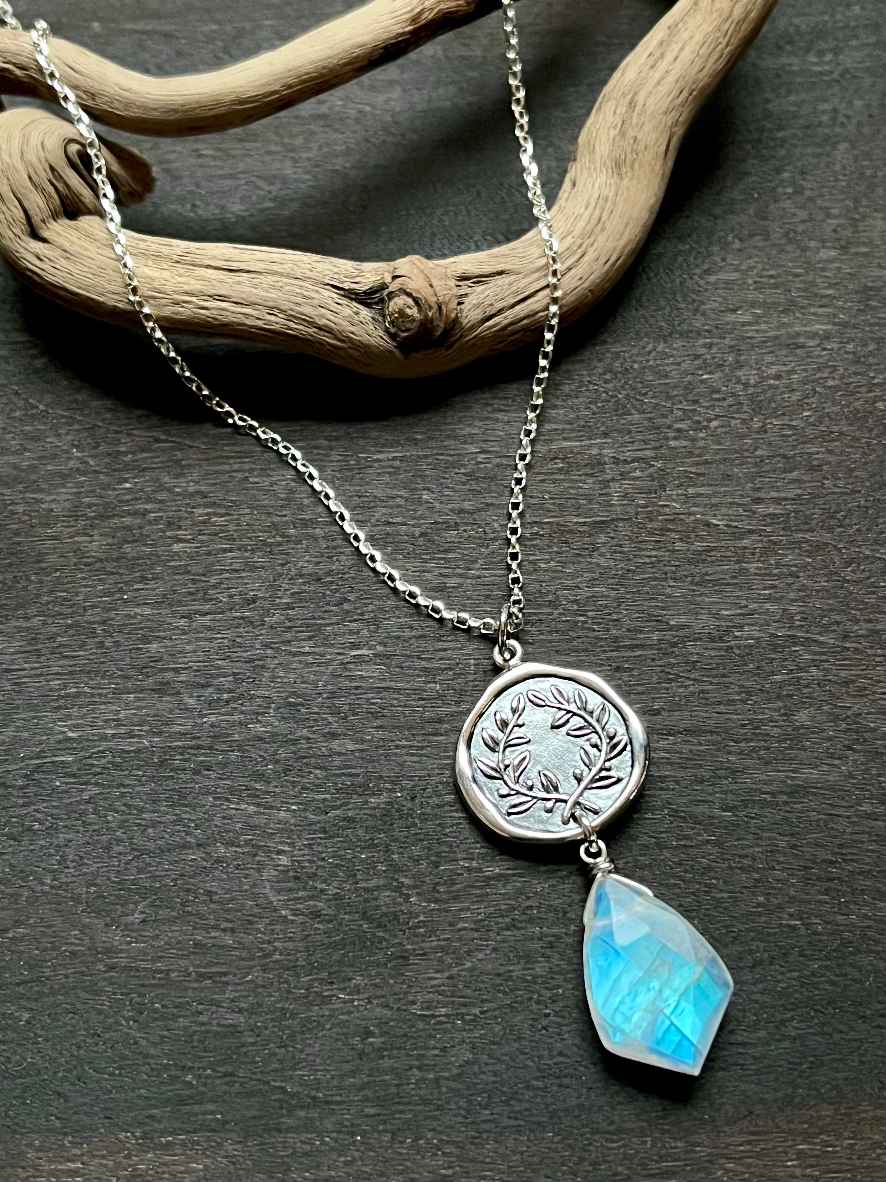 •TEND• rainbow moonstone + laurel leaf coin + sterling silver necklace (16"-18")