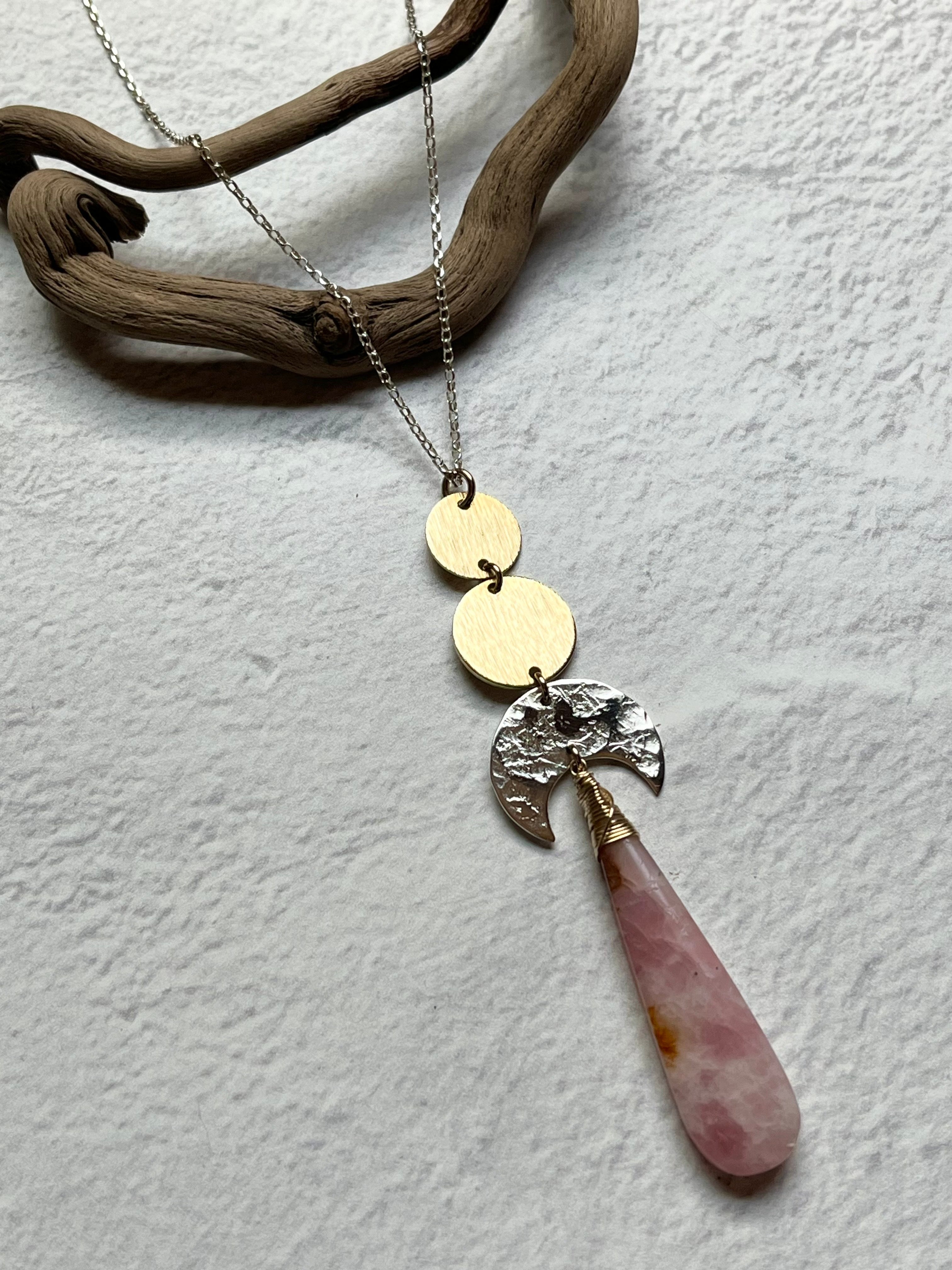 •NYX• pink opal + moon stack + mixed metal necklace (26"-28")