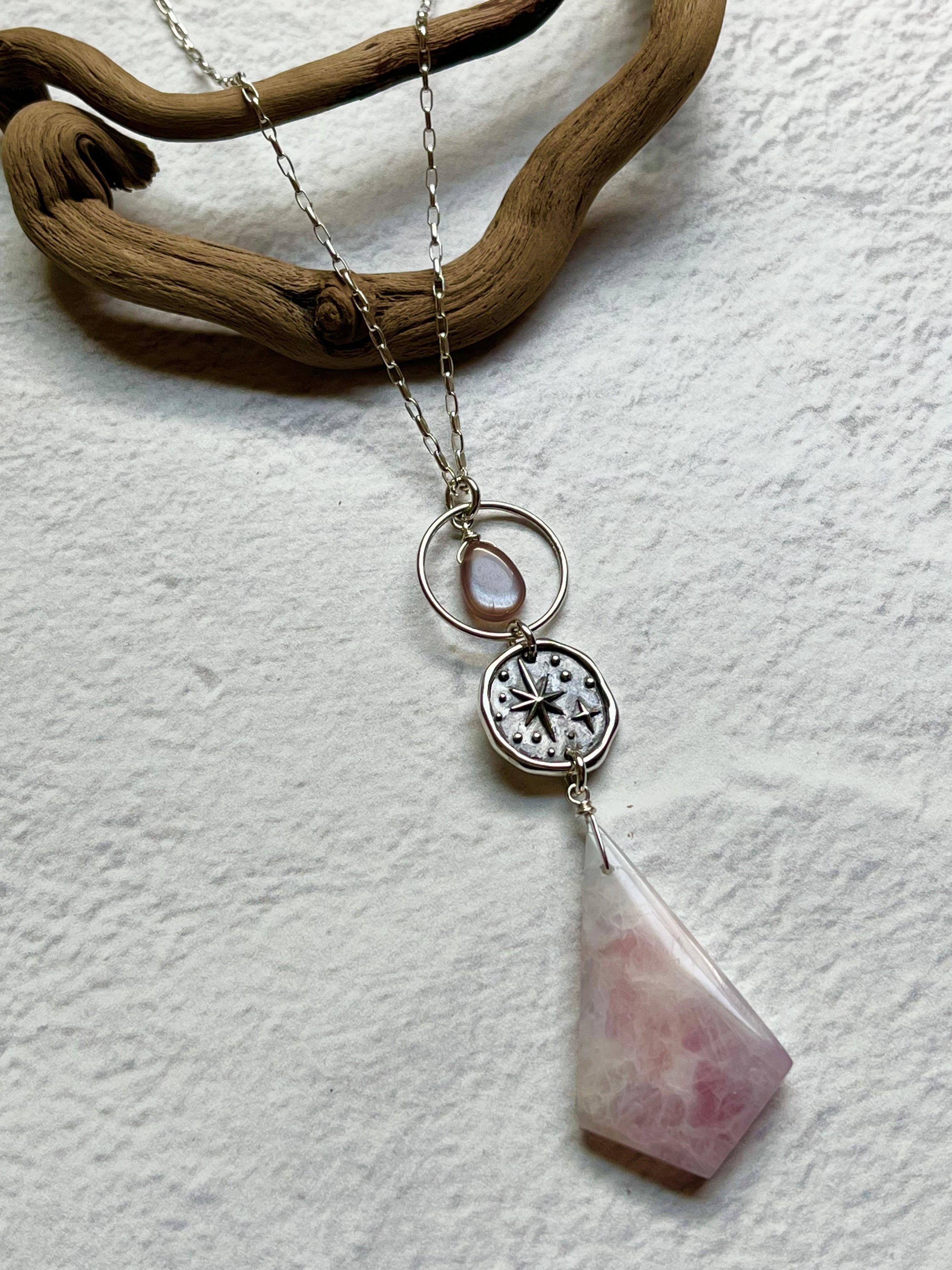 •NYX• pink amethyst + peach moonstone + star coin + sterling silver necklace (26"-28")