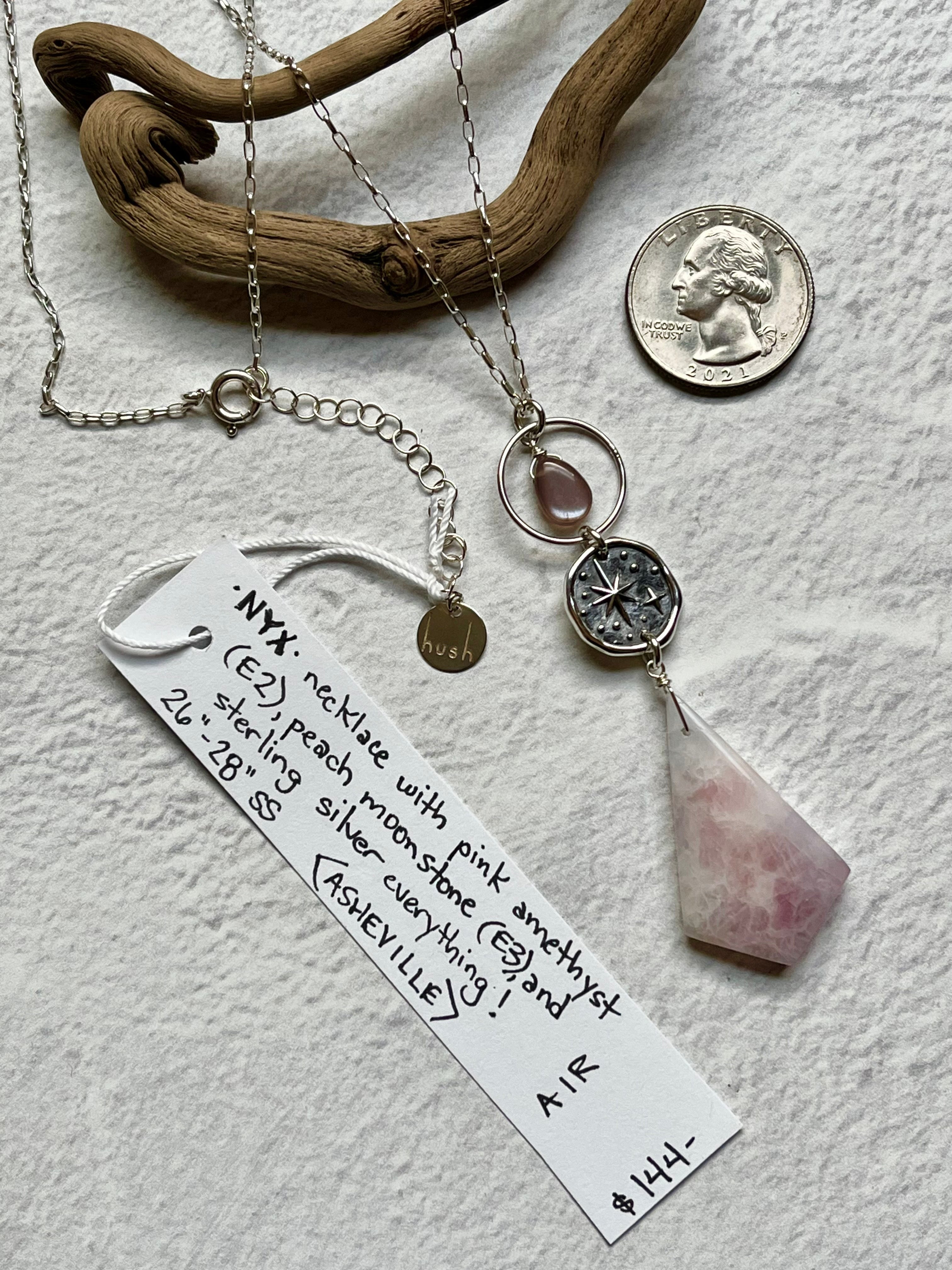 •NYX• pink amethyst + peach moonstone + star coin + sterling silver necklace (26"-28")