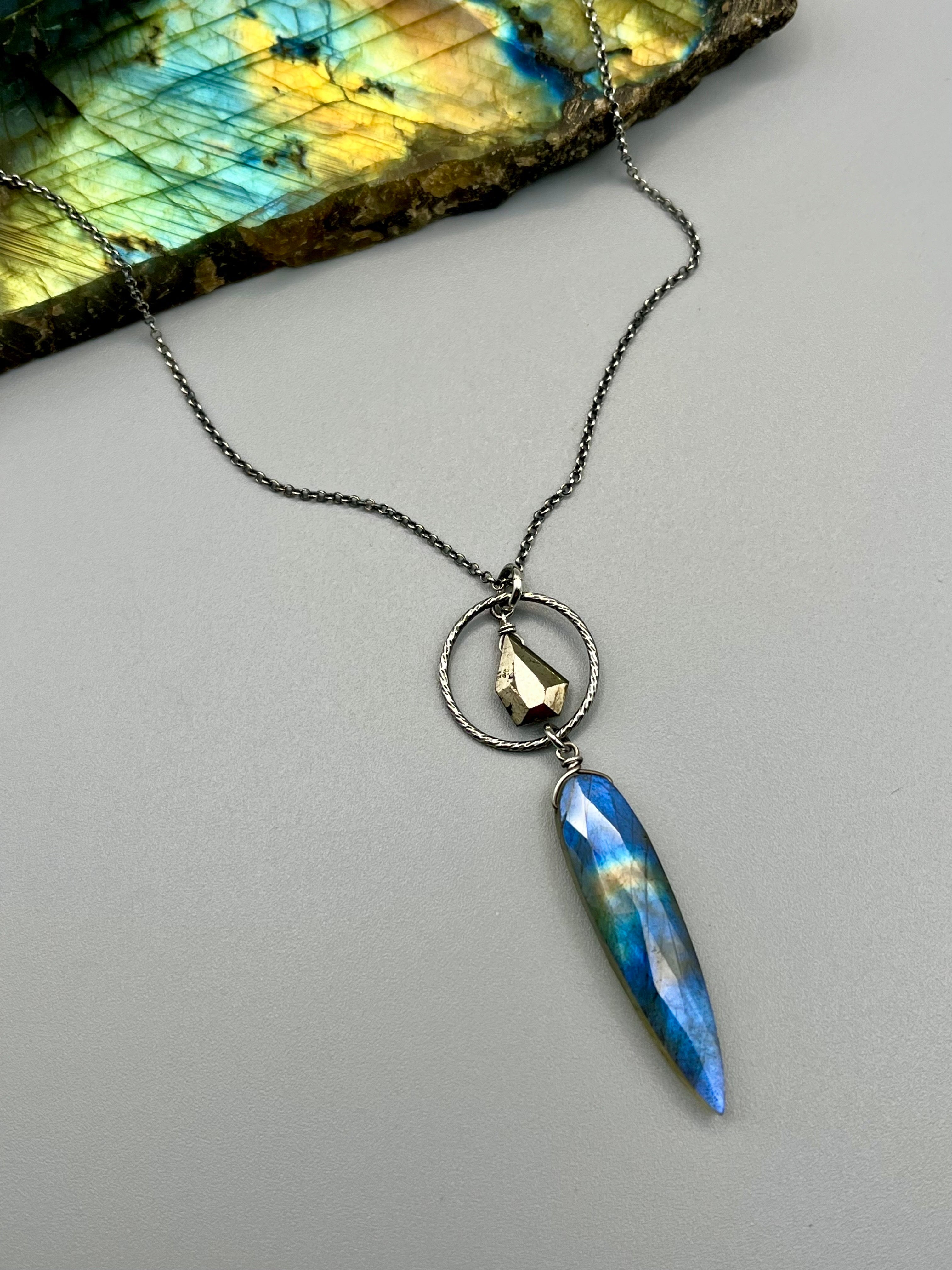 •LUNA• labradorite + pyrite silver necklace (16"-18" long)