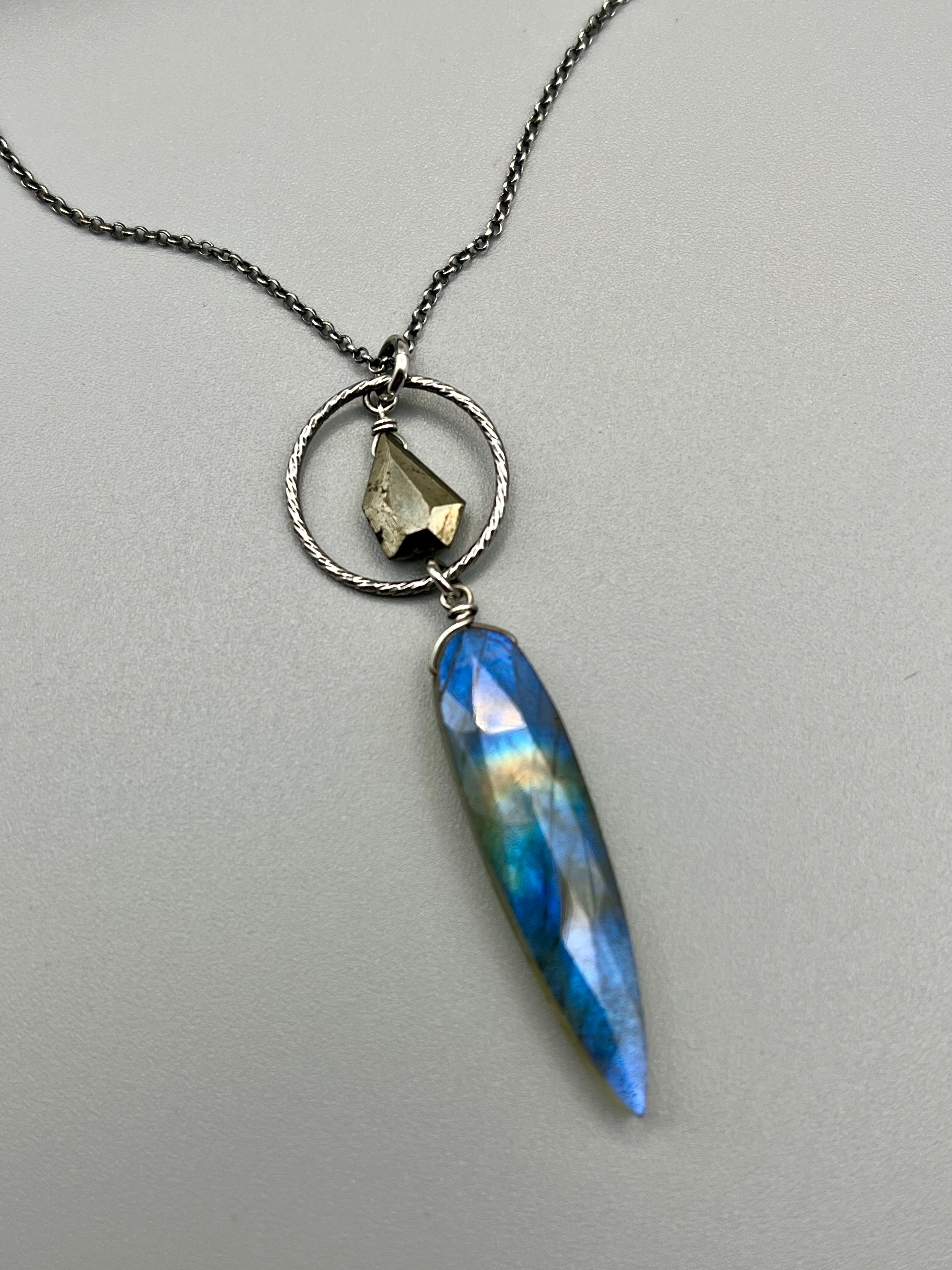 •LUNA• labradorite + pyrite silver necklace (16"-18" long)