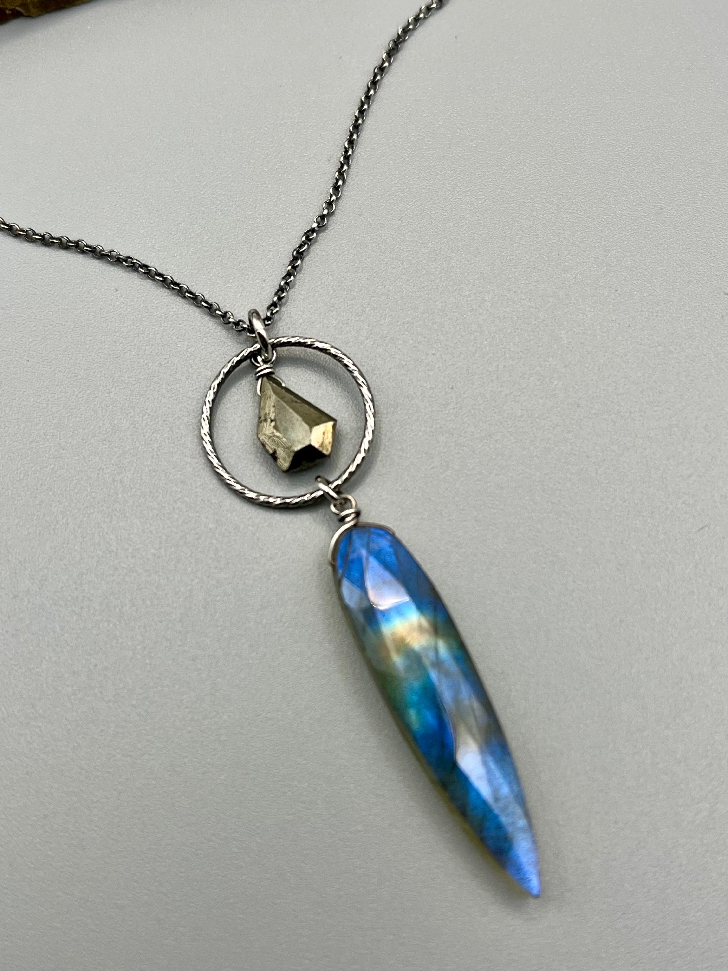 •LUNA• labradorite + pyrite silver necklace (16"-18" long)