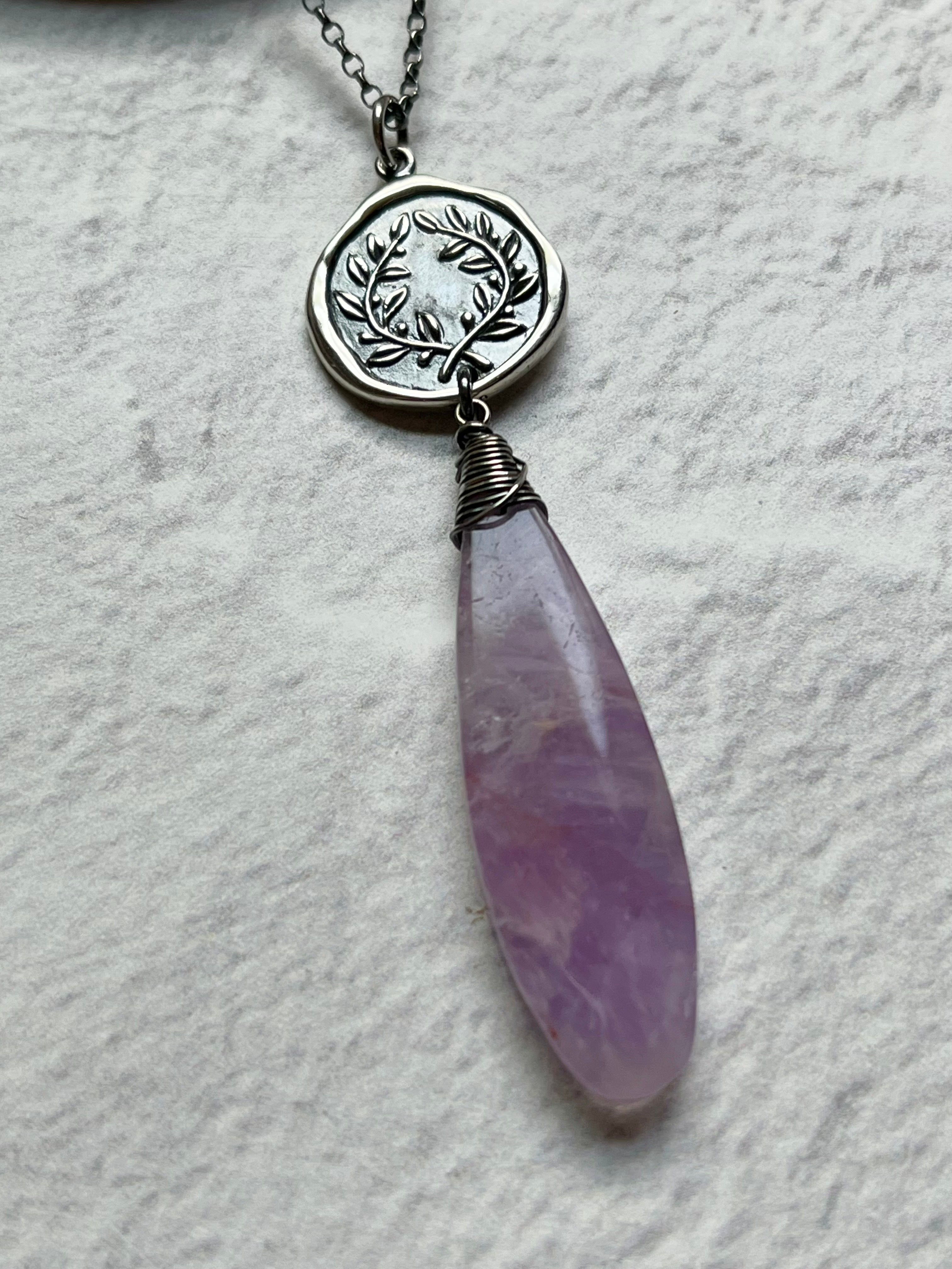 •TEND• pink amethyst + laurel leaf coin + oxidized sterling silver necklace (18"-20")