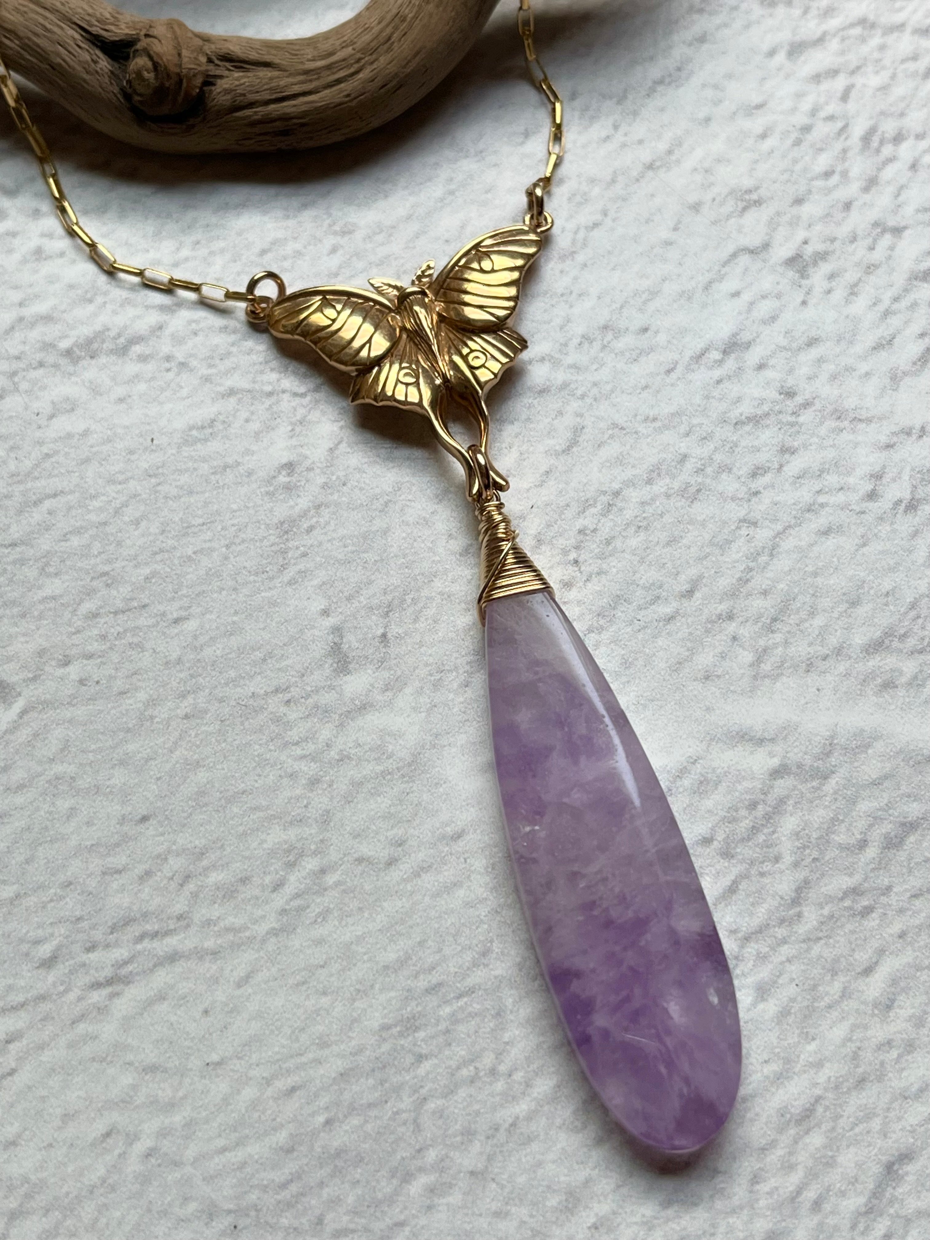 •GUIDE• pink amethyst + luna moth + mixed metal necklace (18"-20")