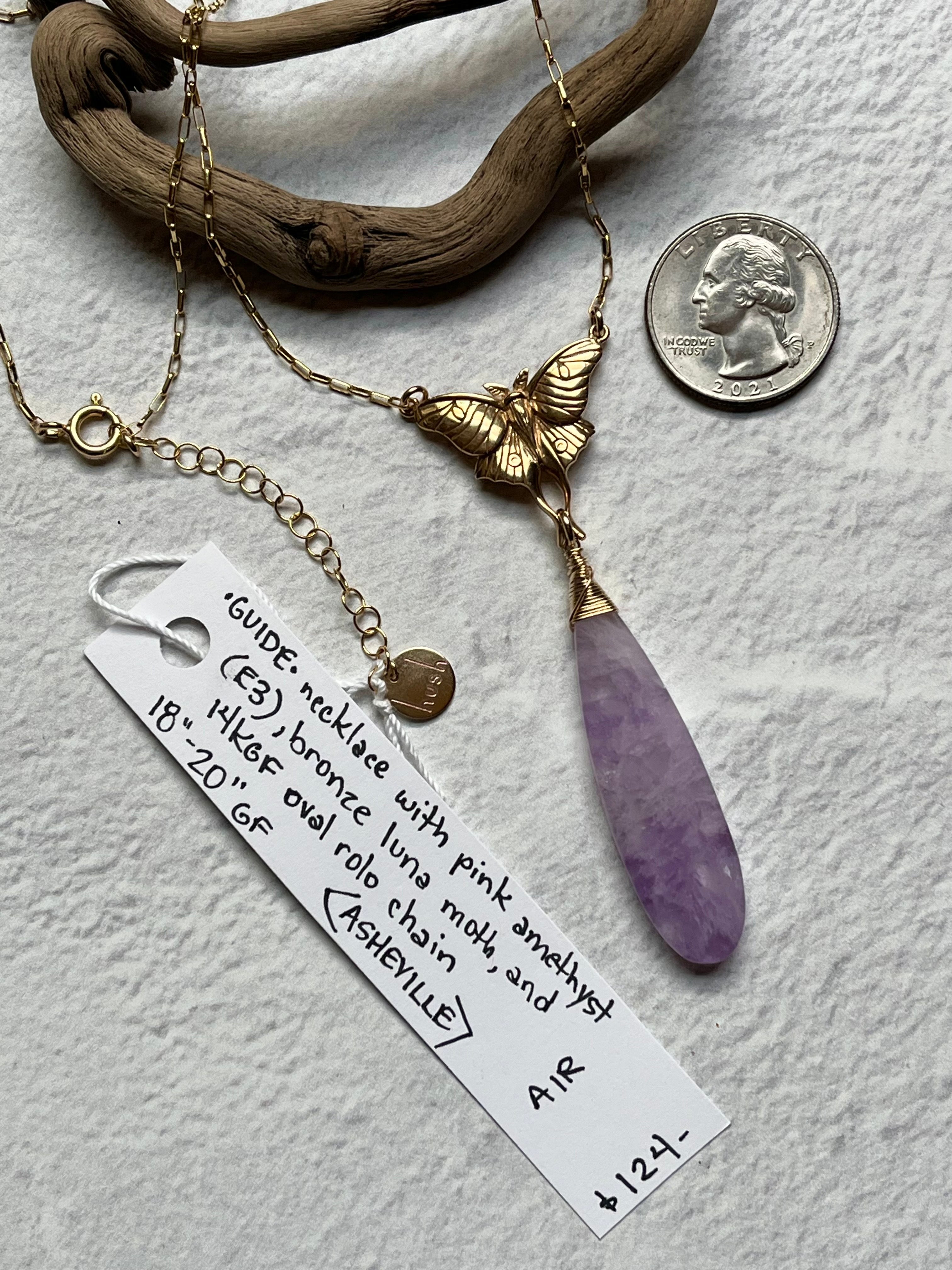 •GUIDE• pink amethyst + luna moth + mixed metal necklace (18"-20")