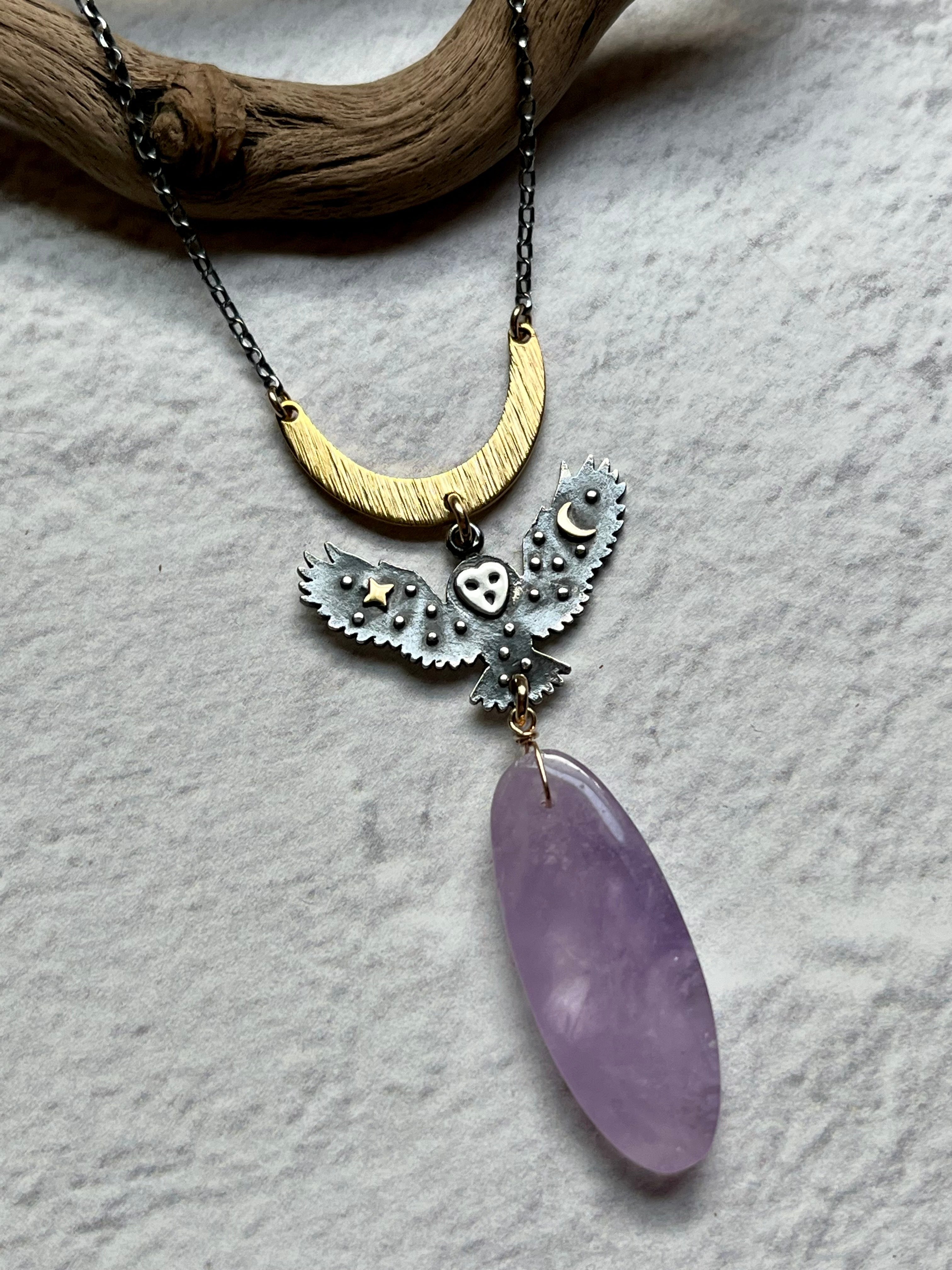 •SUEÑO• pink amethyst + cosmic owl + mixed metal necklace (18"-20")