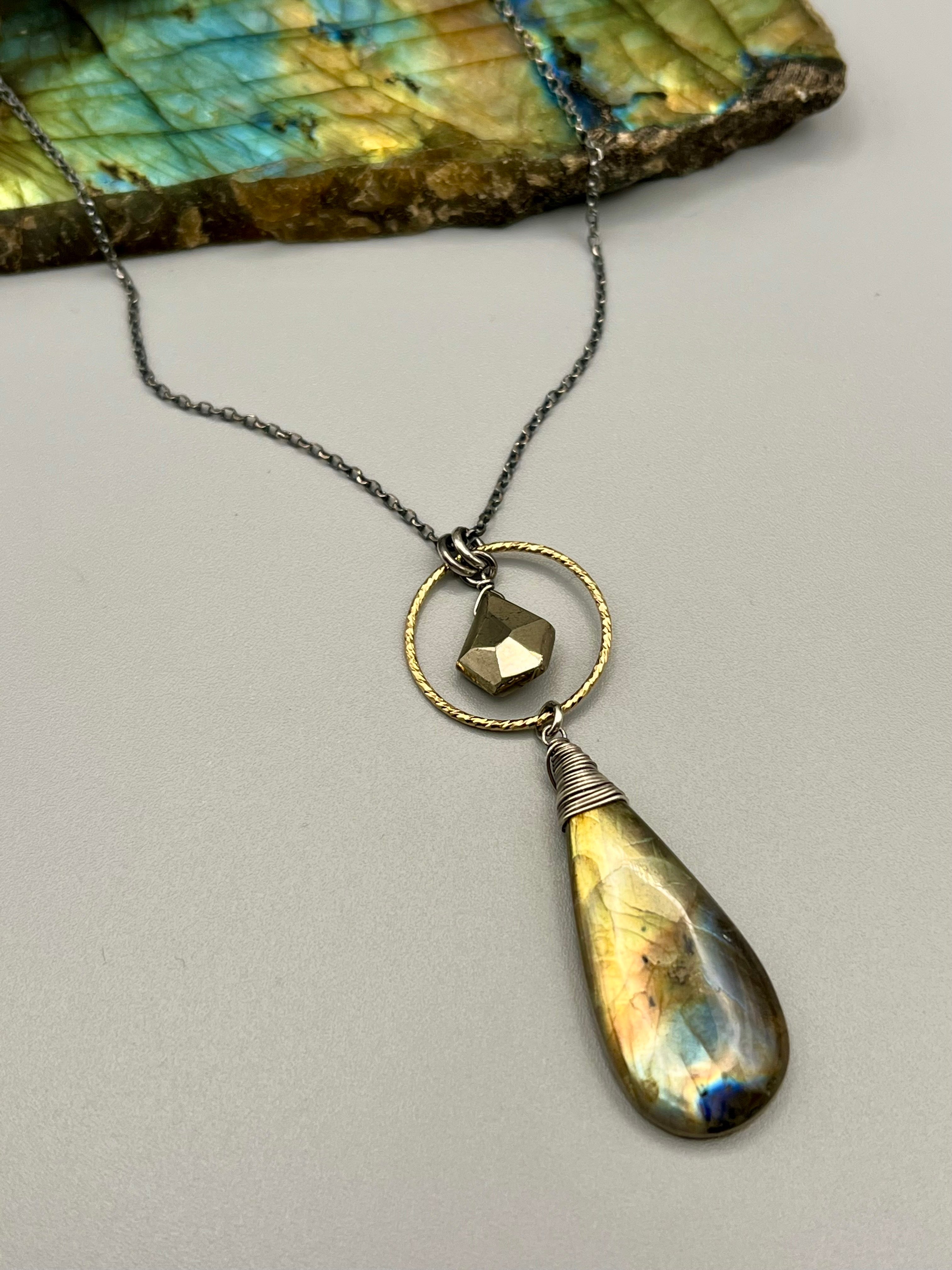 •LUNA• labradorite + pyrite mixed metal necklace (18"-20" long)