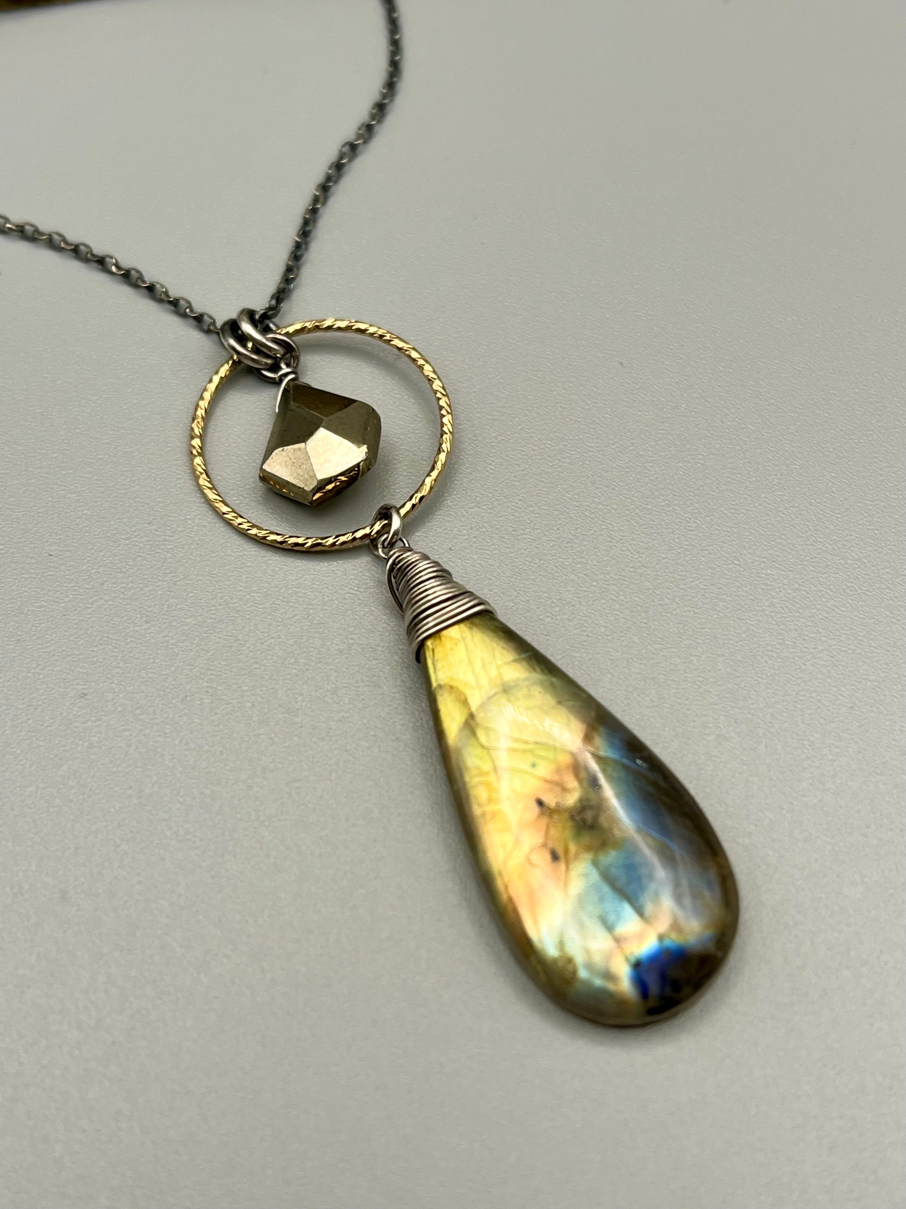•LUNA• labradorite + pyrite mixed metal necklace (18"-20" long)