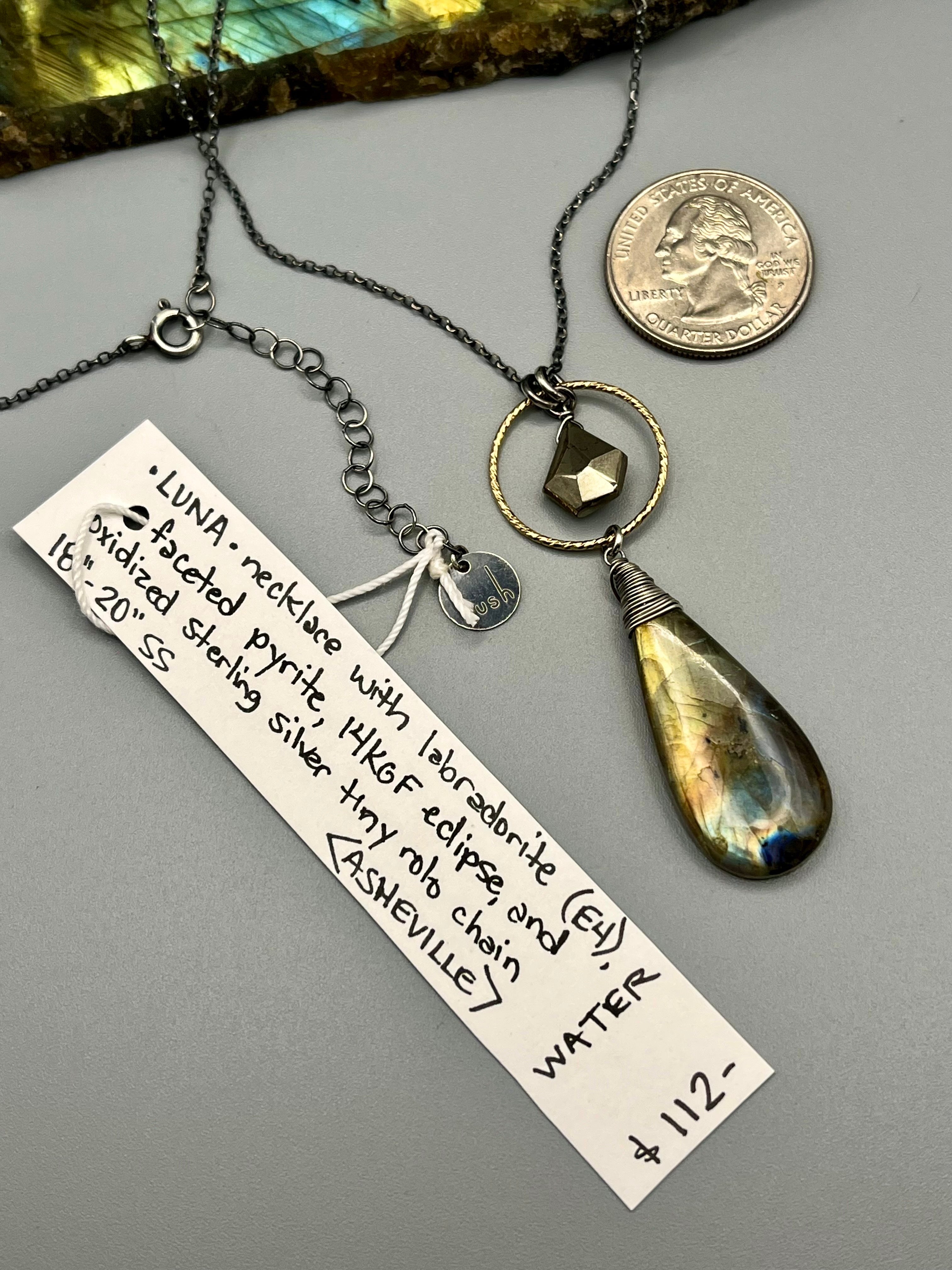 •LUNA• labradorite + pyrite mixed metal necklace (18"-20" long)