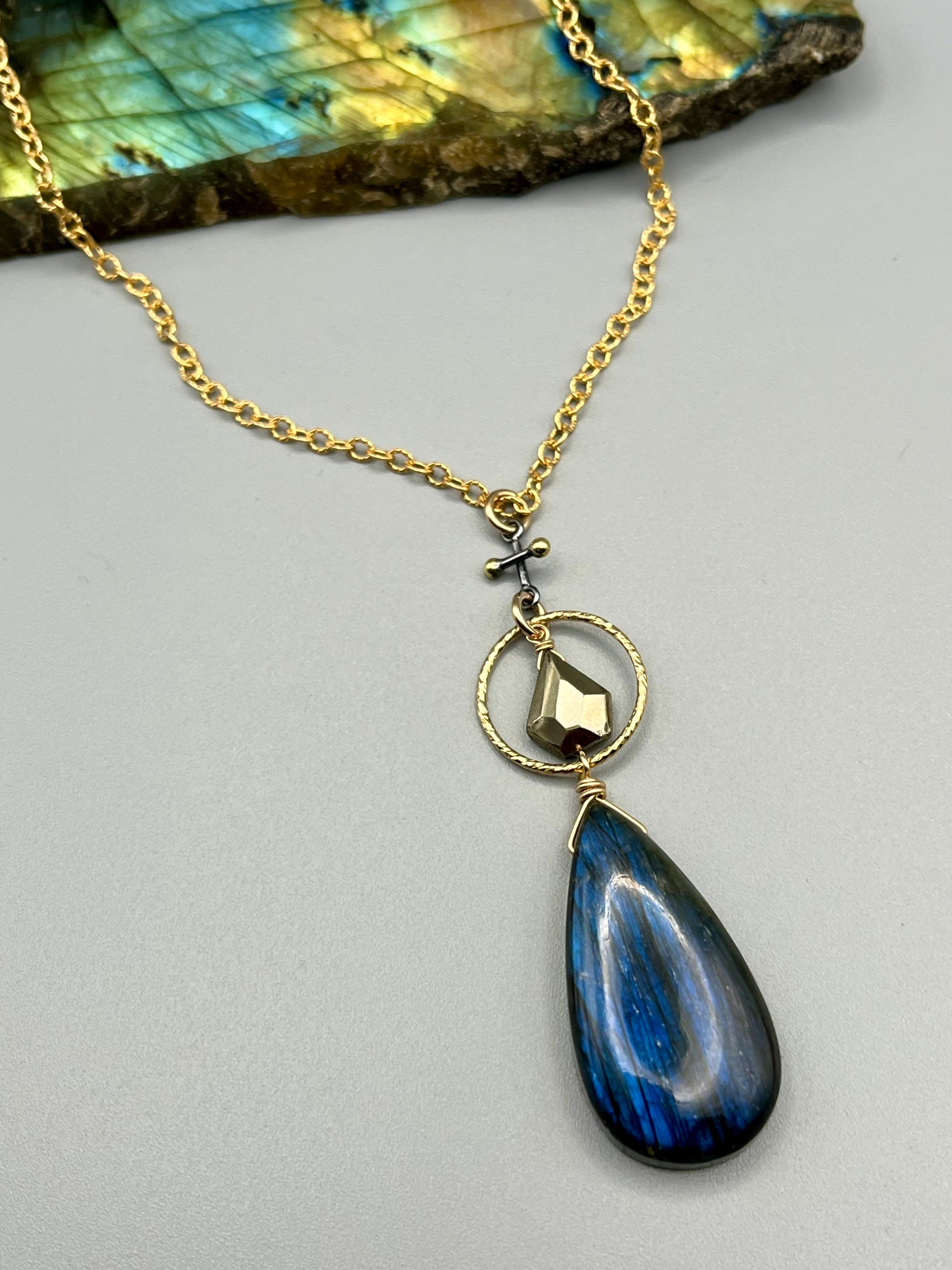•INVOKE• labradorite + pyrite mixed metal necklace (18"-20" long)