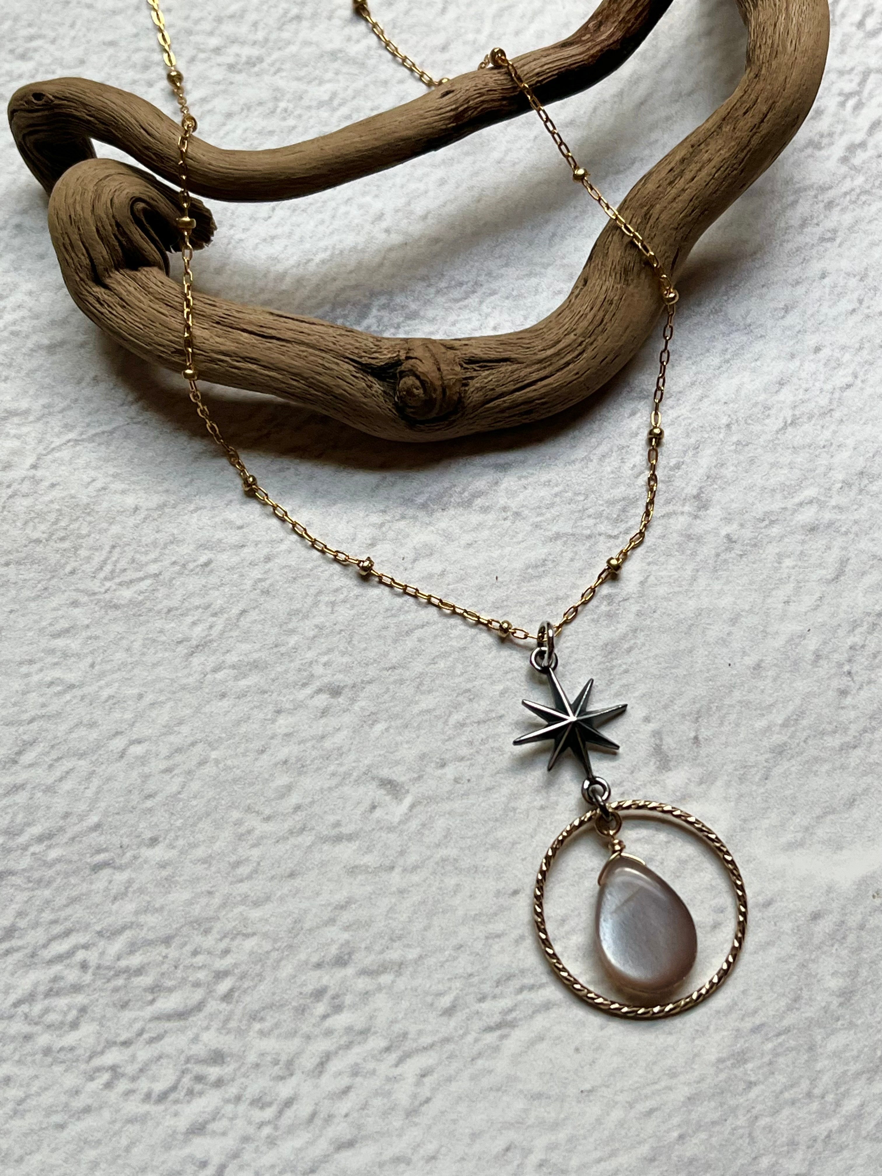 •NYX• peach moonstone + north star + mixed metal necklace (18"-20")