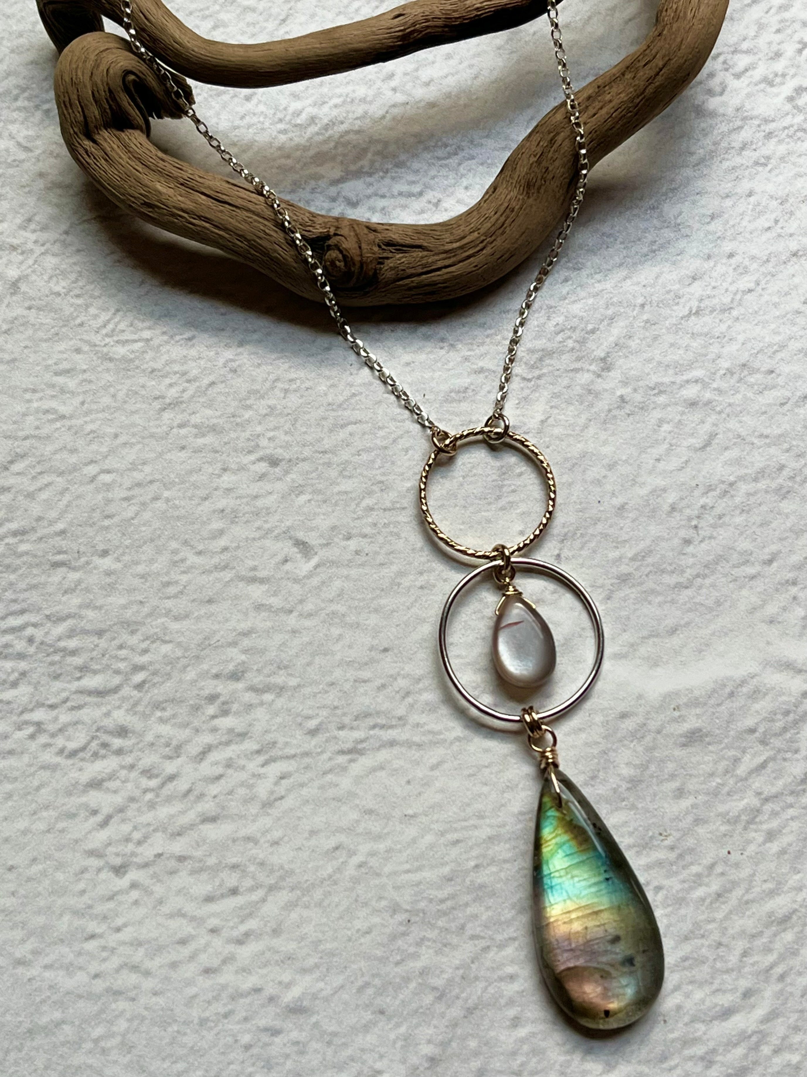 •LUNA• labradorite + peach moonstone + mixed metal necklace (16"-18")
