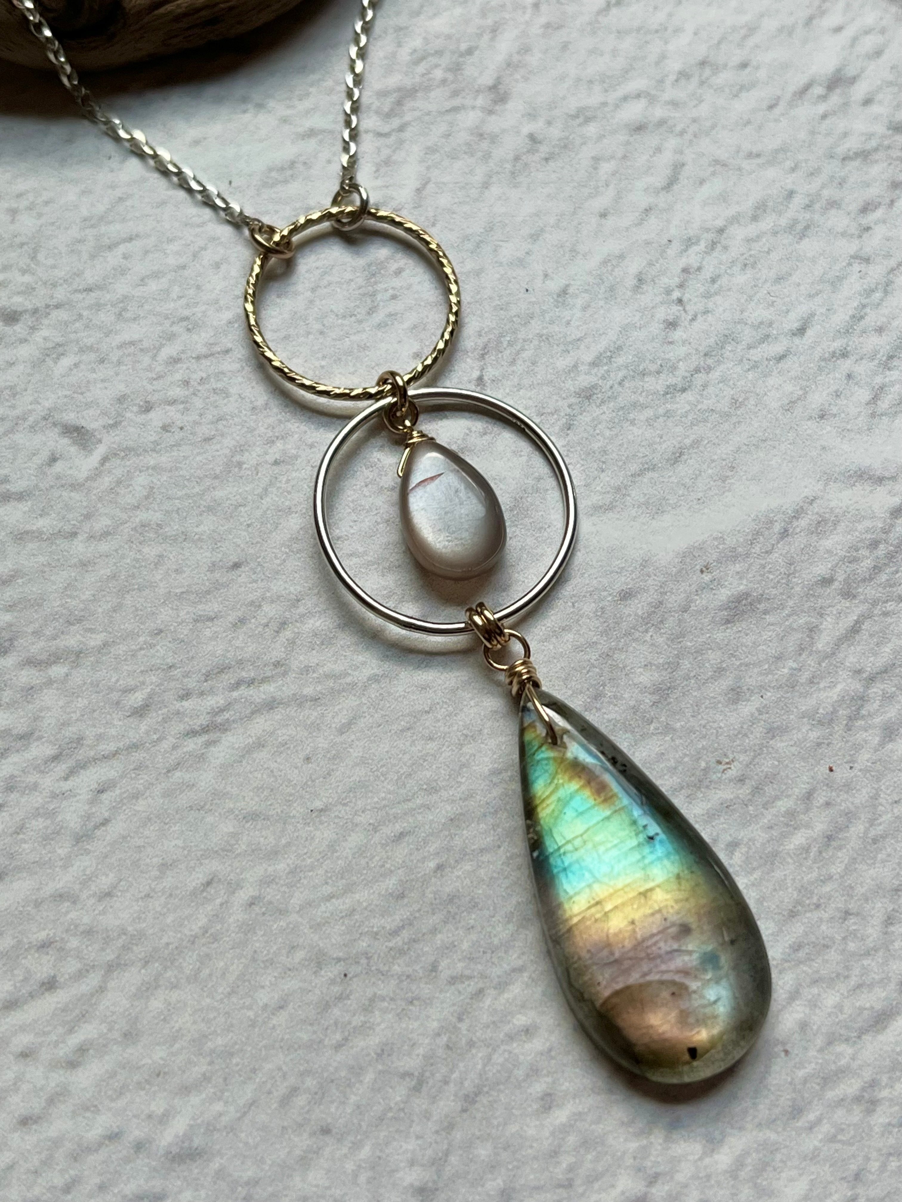 •LUNA• labradorite + peach moonstone + mixed metal necklace (16"-18")