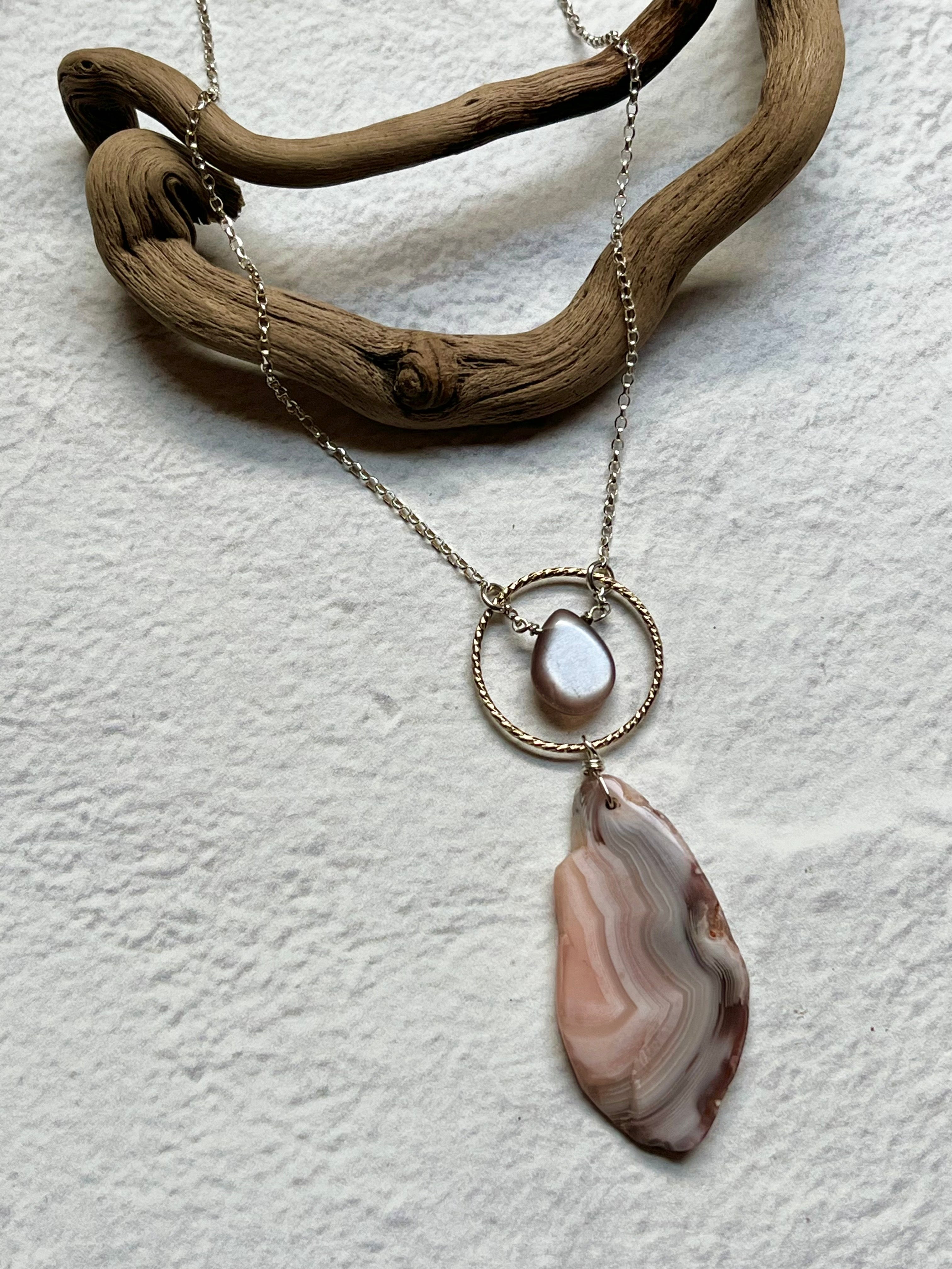 •LUNA• laguna lace agate + peach moonstone + mixed metal necklace (16"-18")