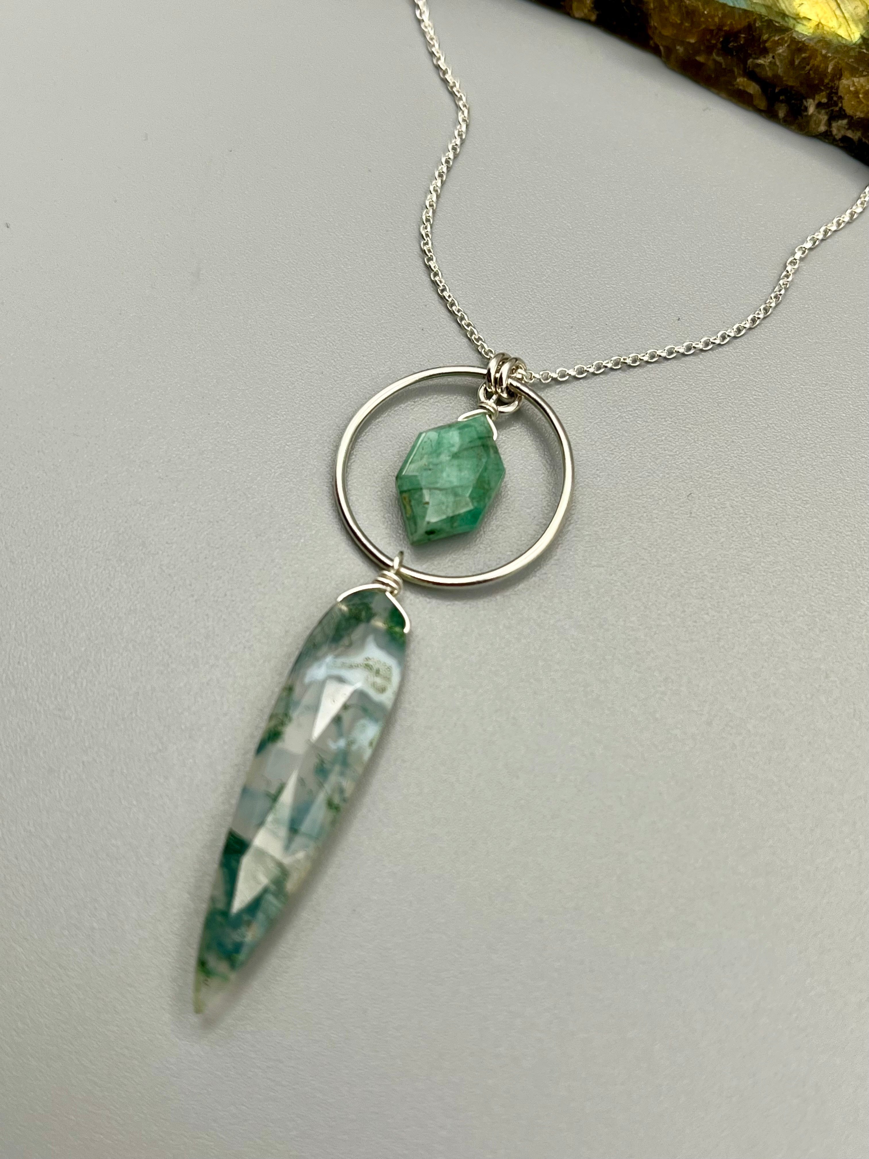 •LUNA• emerald + moss agate silver necklace (18"-20" long)
