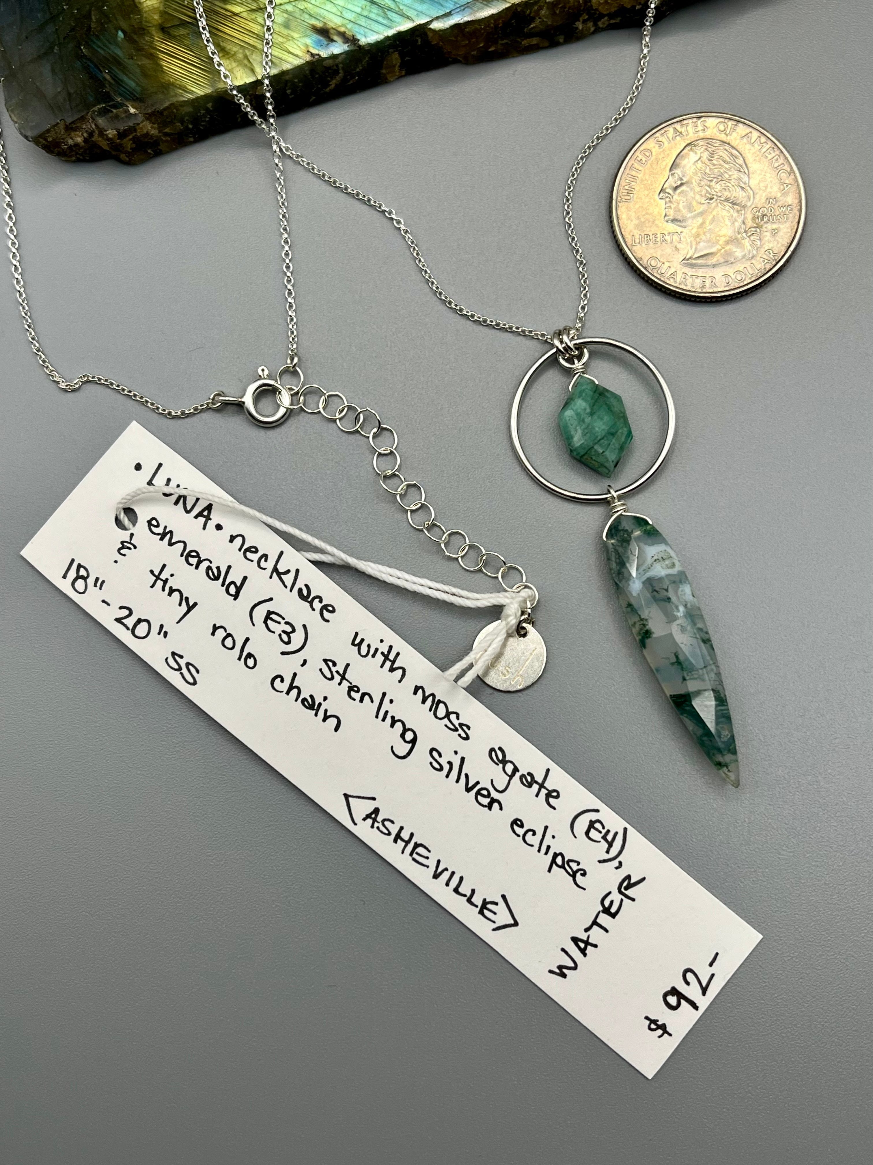 •LUNA• emerald + moss agate silver necklace (18"-20" long)
