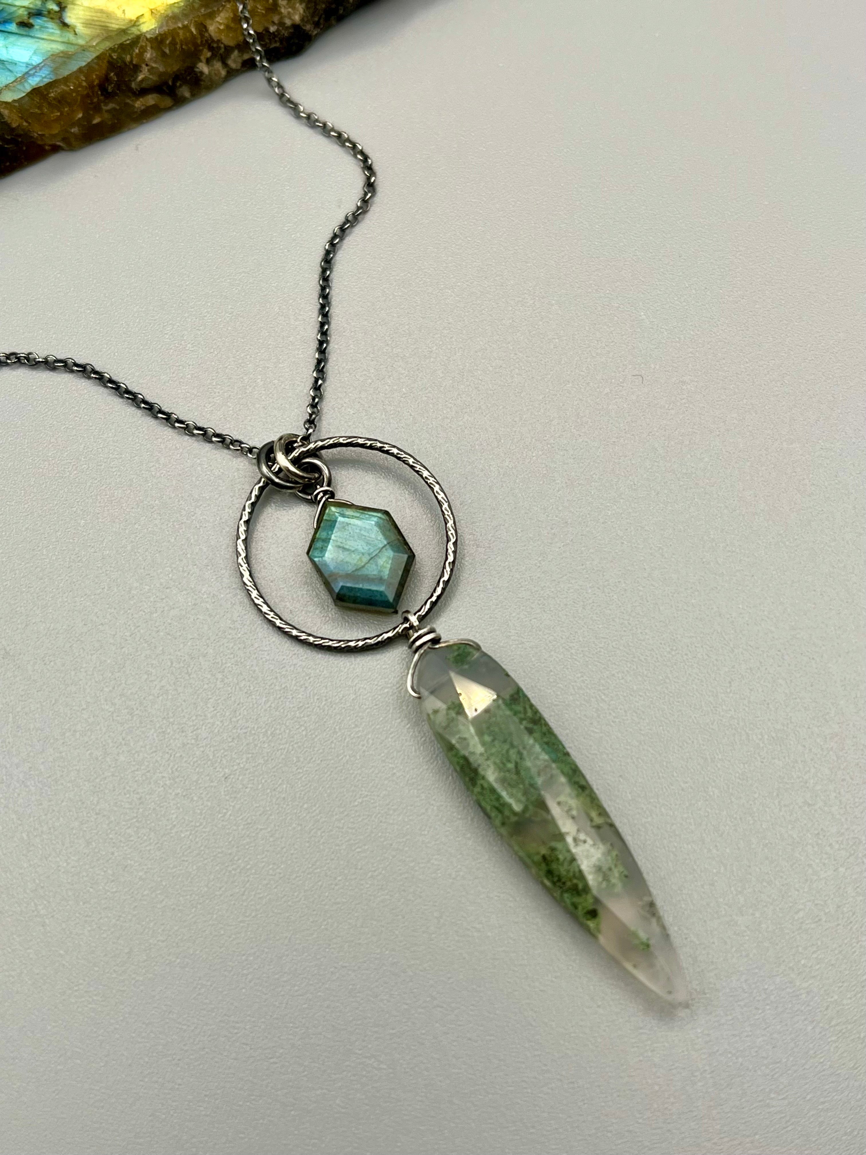 •LUNA• labradorite + moss agate oxidized silver necklace (18"-20" long)