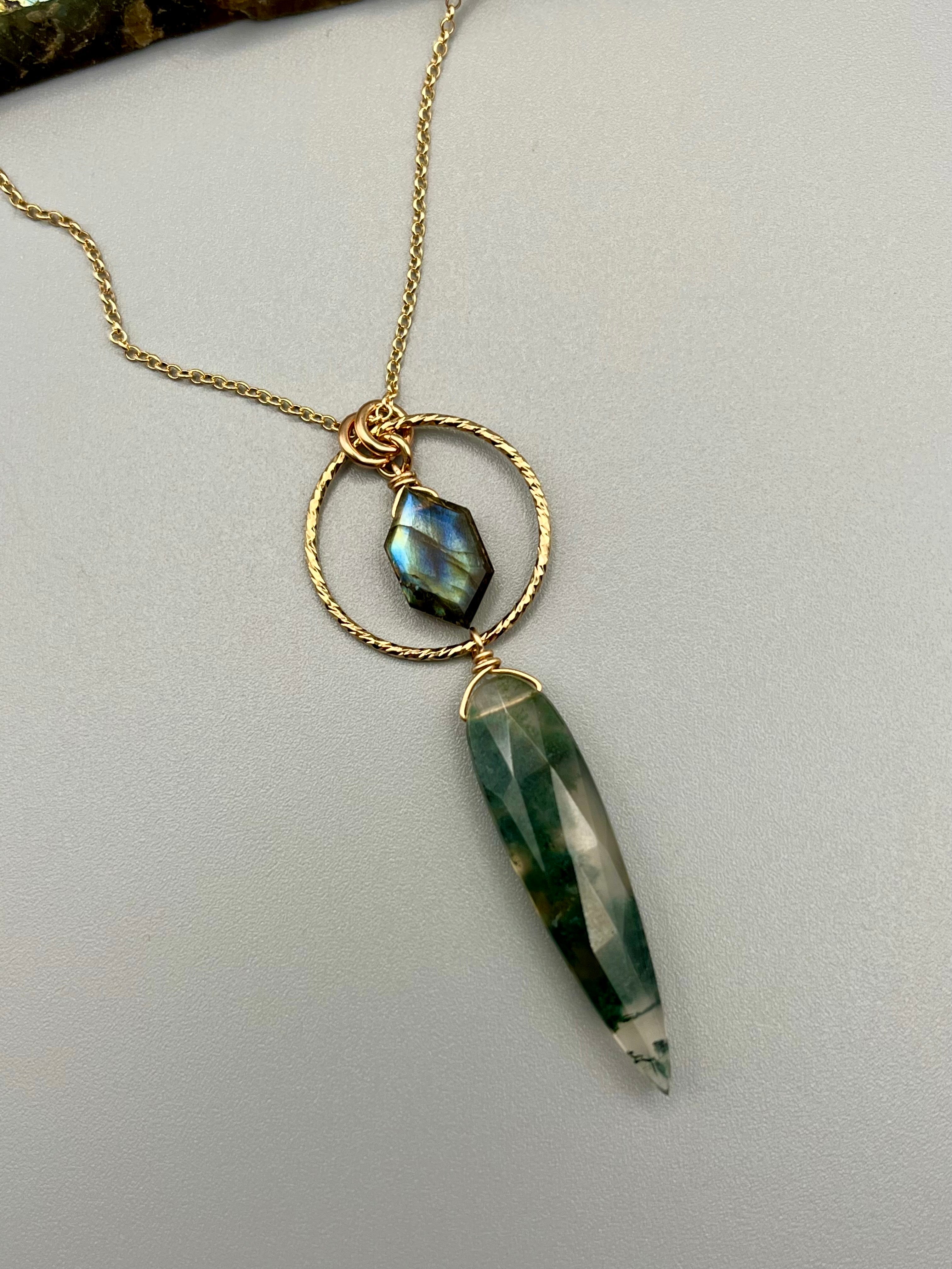 •LUNA• labradorite + moss agate gold necklace (18"-20" long)