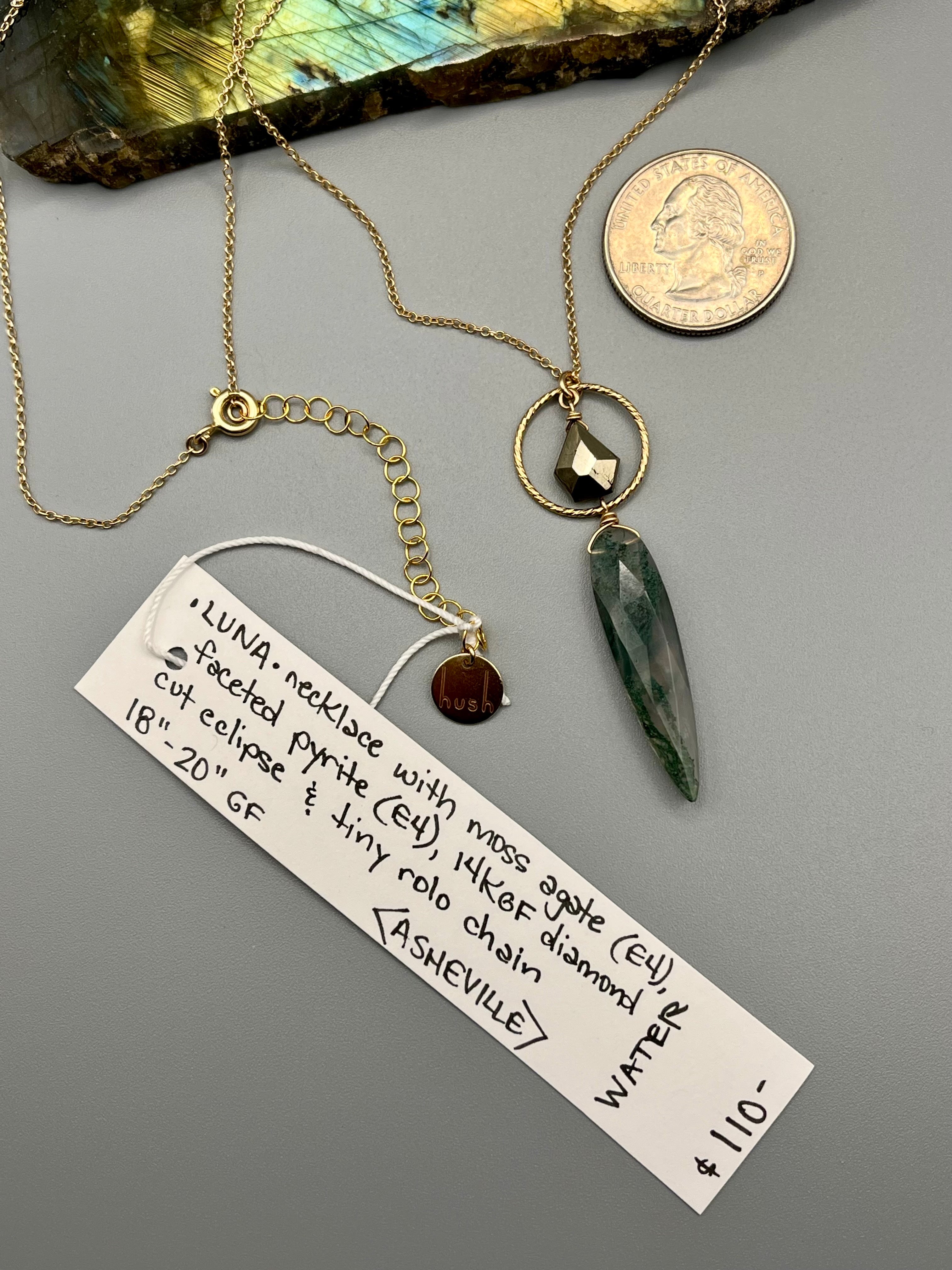 •LUNA• pyrite + moss agate gold necklace (18"-20" long)