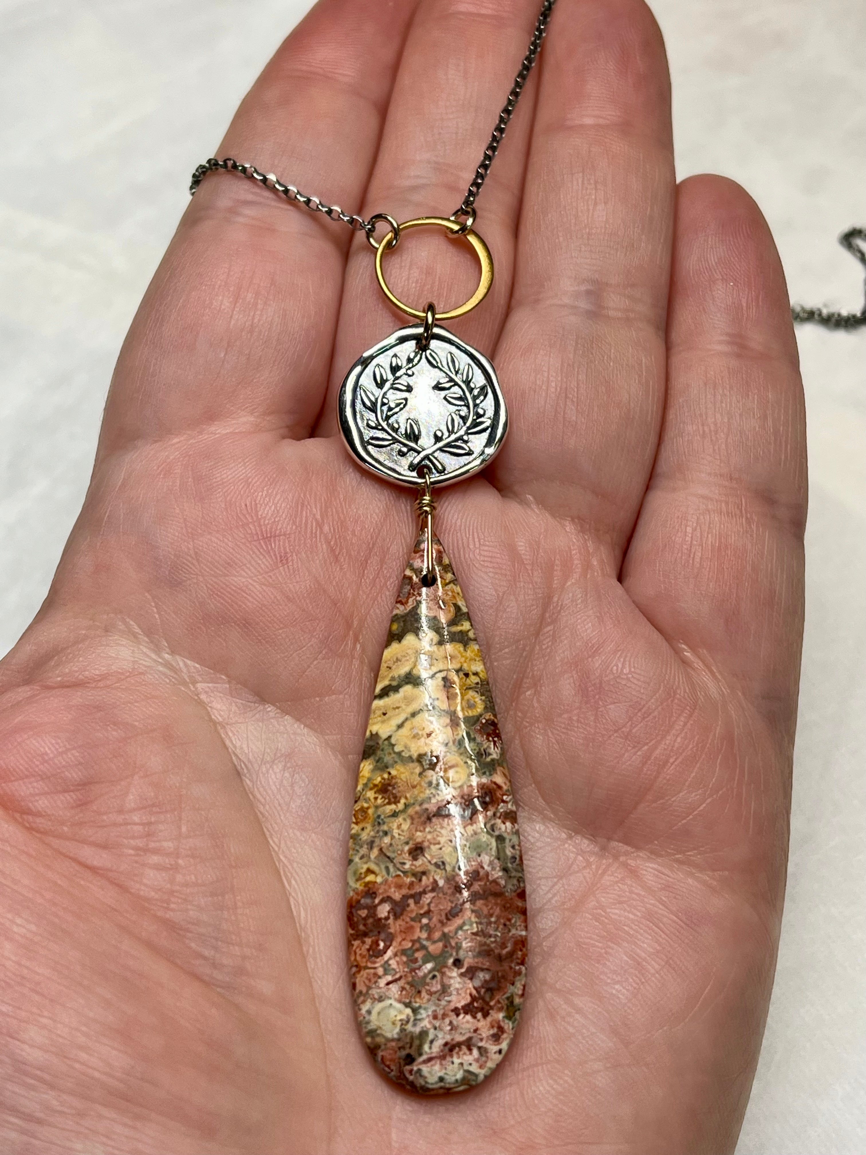 •TEND• plume agate + laurel leaf + mixed metal necklace (18"-20")