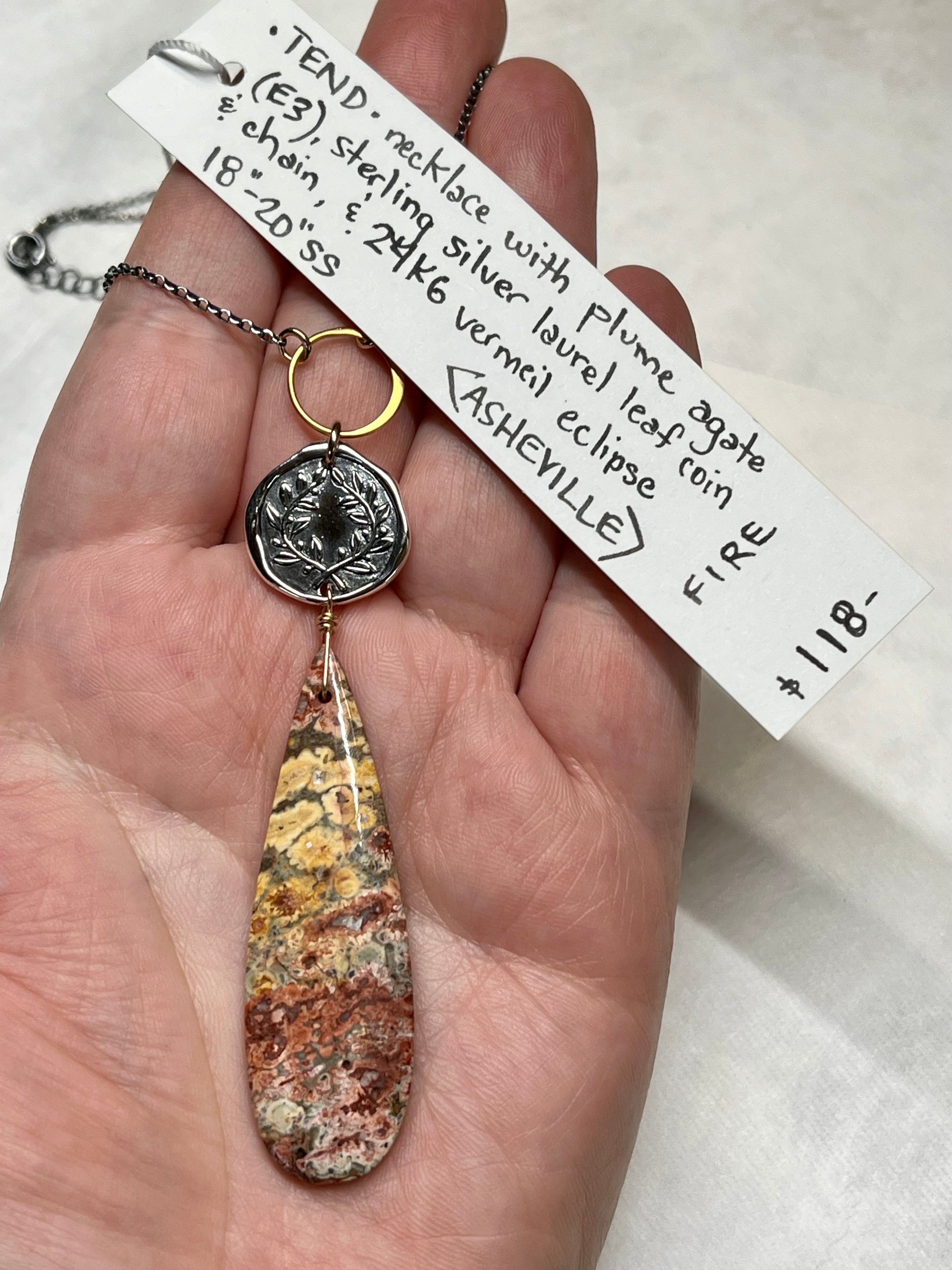 •TEND• plume agate + laurel leaf + mixed metal necklace (18"-20")