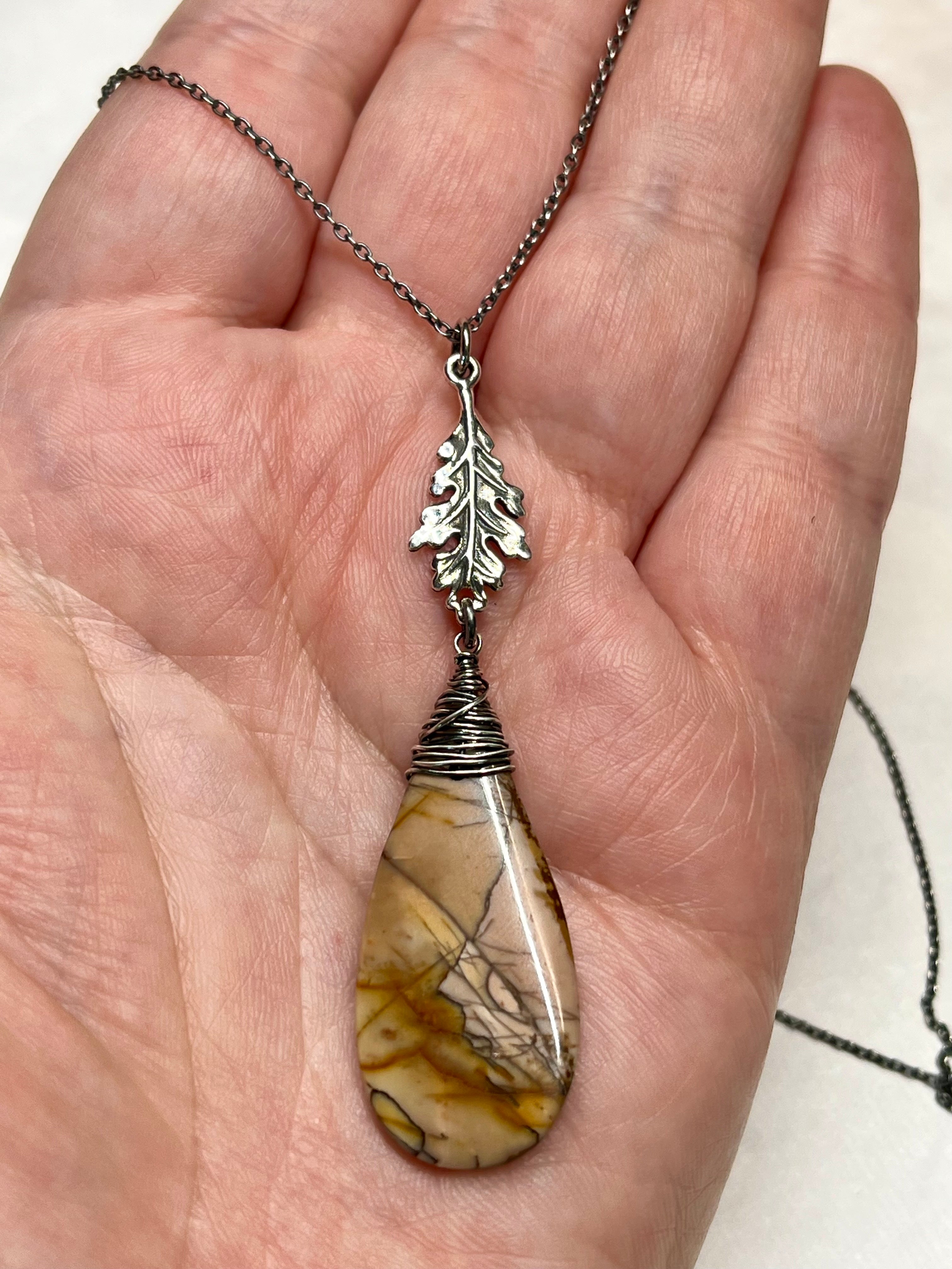 •TEND• red creek jasper + oak leaf + silver necklace (16"-18")