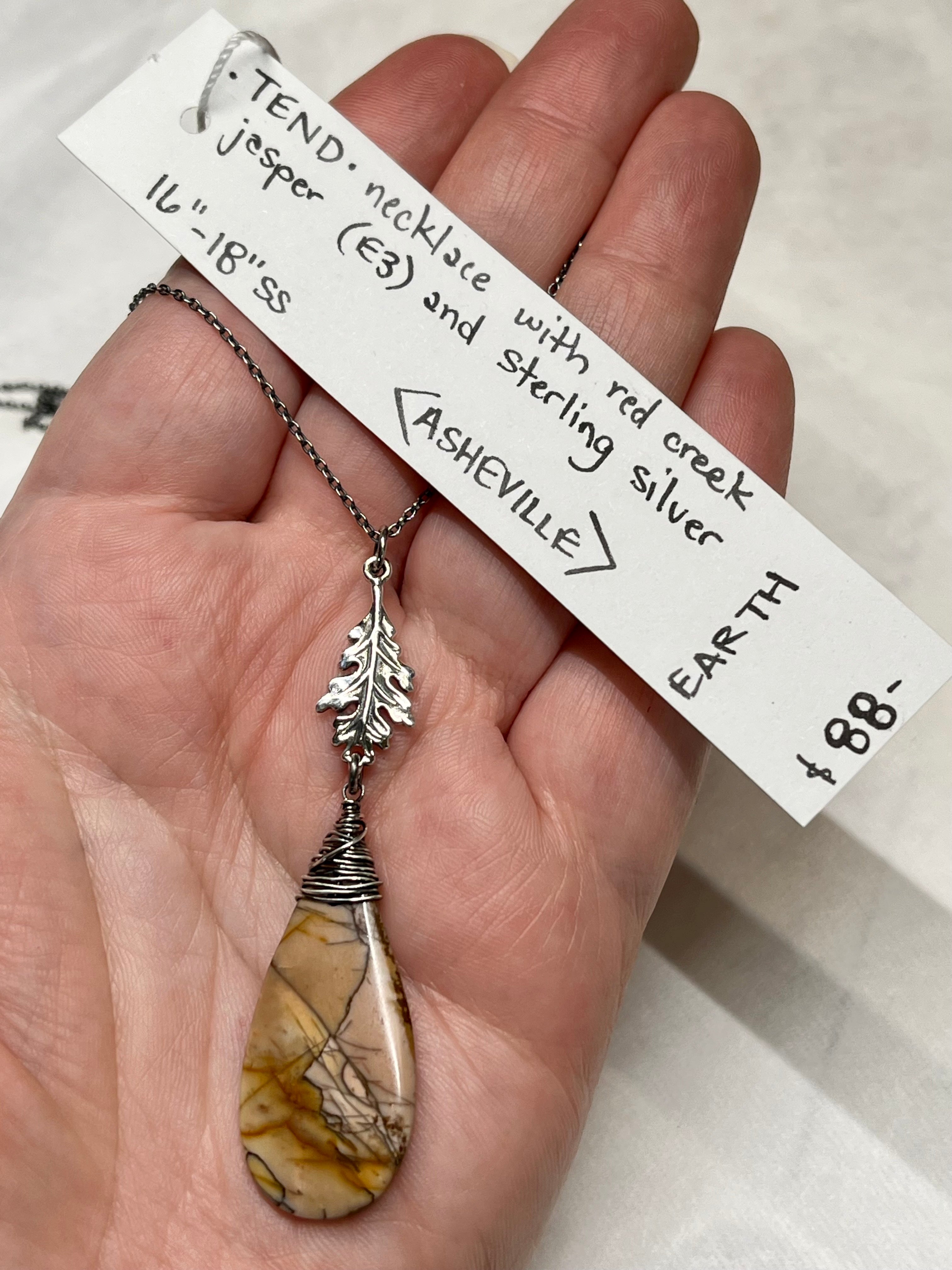 •TEND• red creek jasper + oak leaf + silver necklace (16"-18")