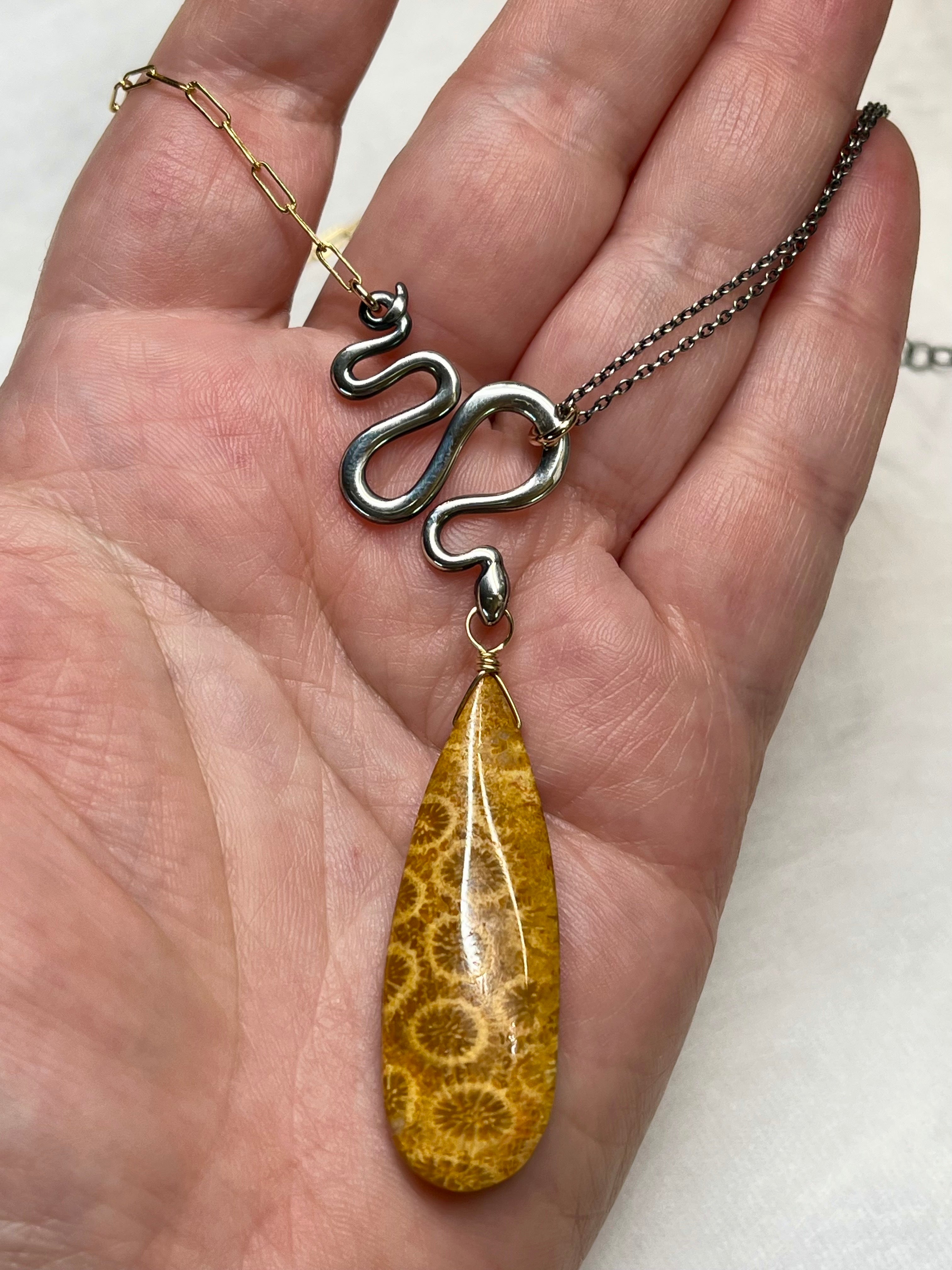 •SUEÑO• fossilized coral + snake + mixed metal necklace (16"-18")