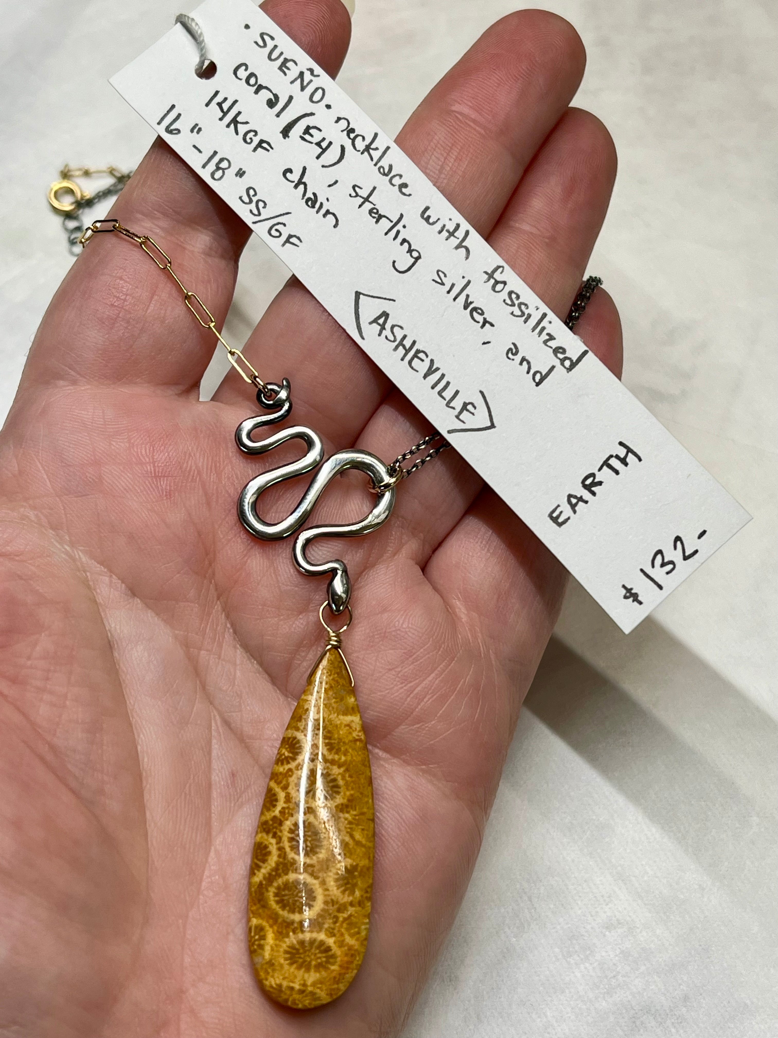 •SUEÑO• fossilized coral + snake + mixed metal necklace (16"-18")