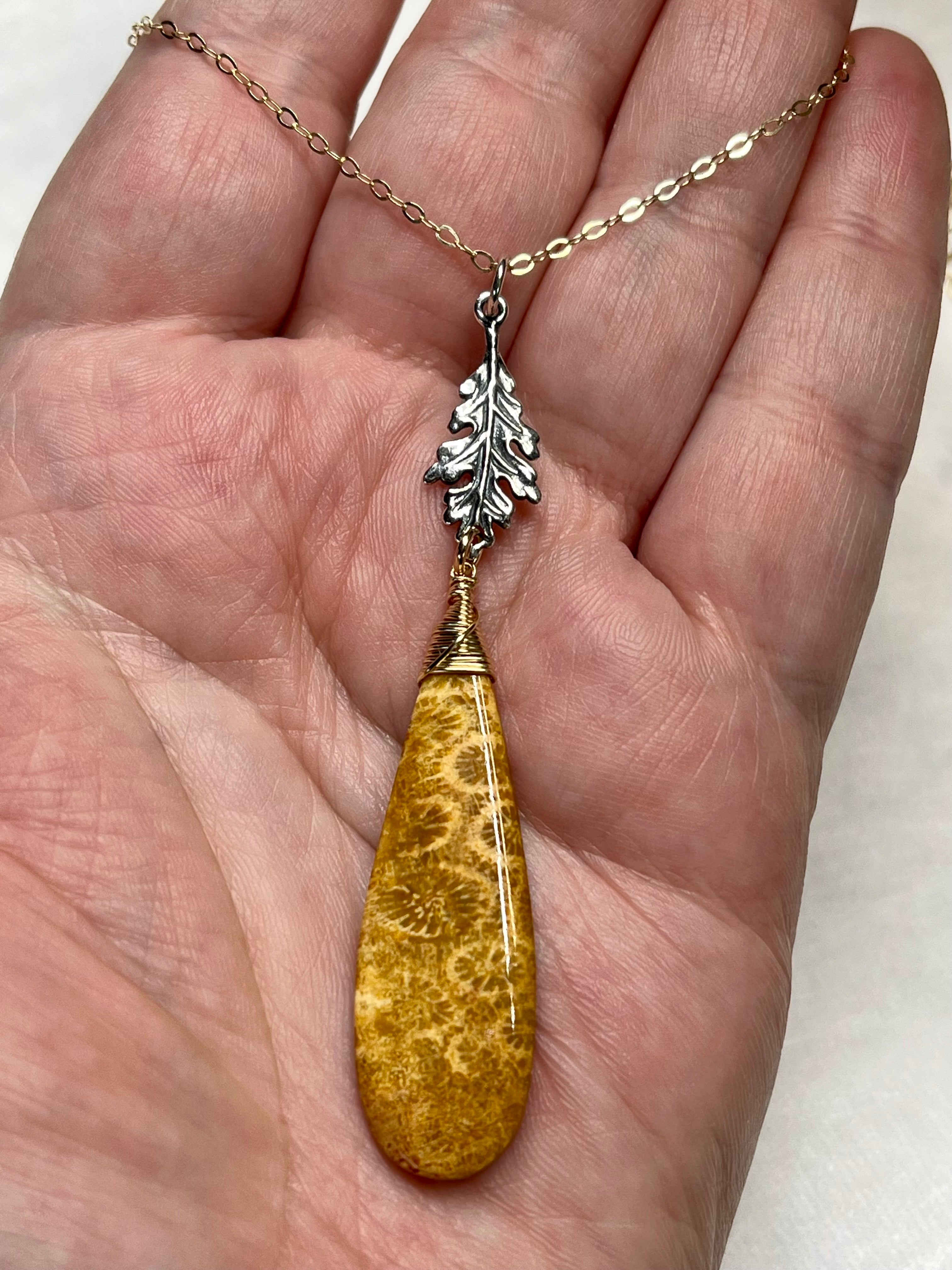 •TEND• fossilized coral + oak leaf + mixed metal necklace (18"-20")