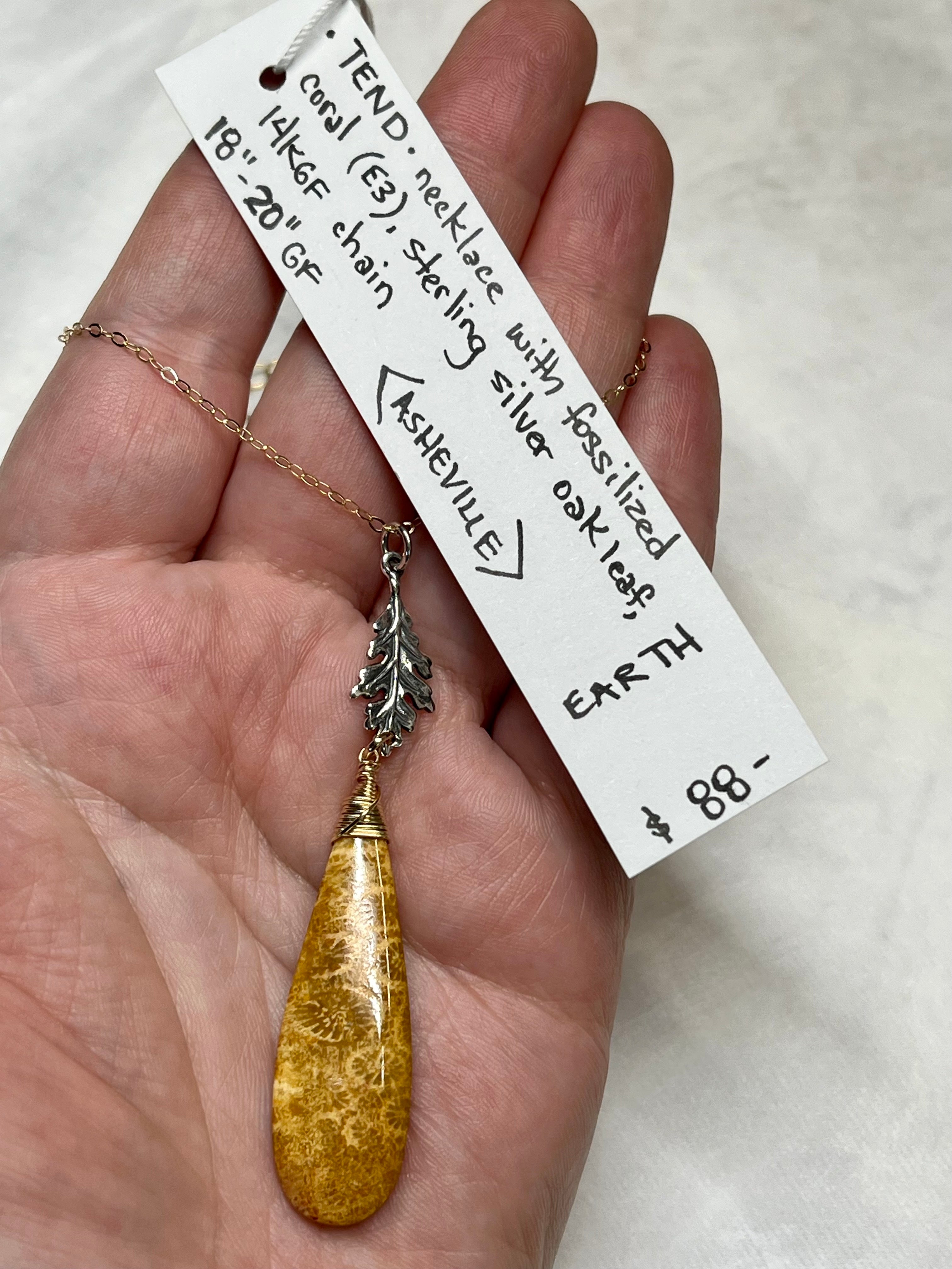 •TEND• fossilized coral + oak leaf + mixed metal necklace (18"-20")