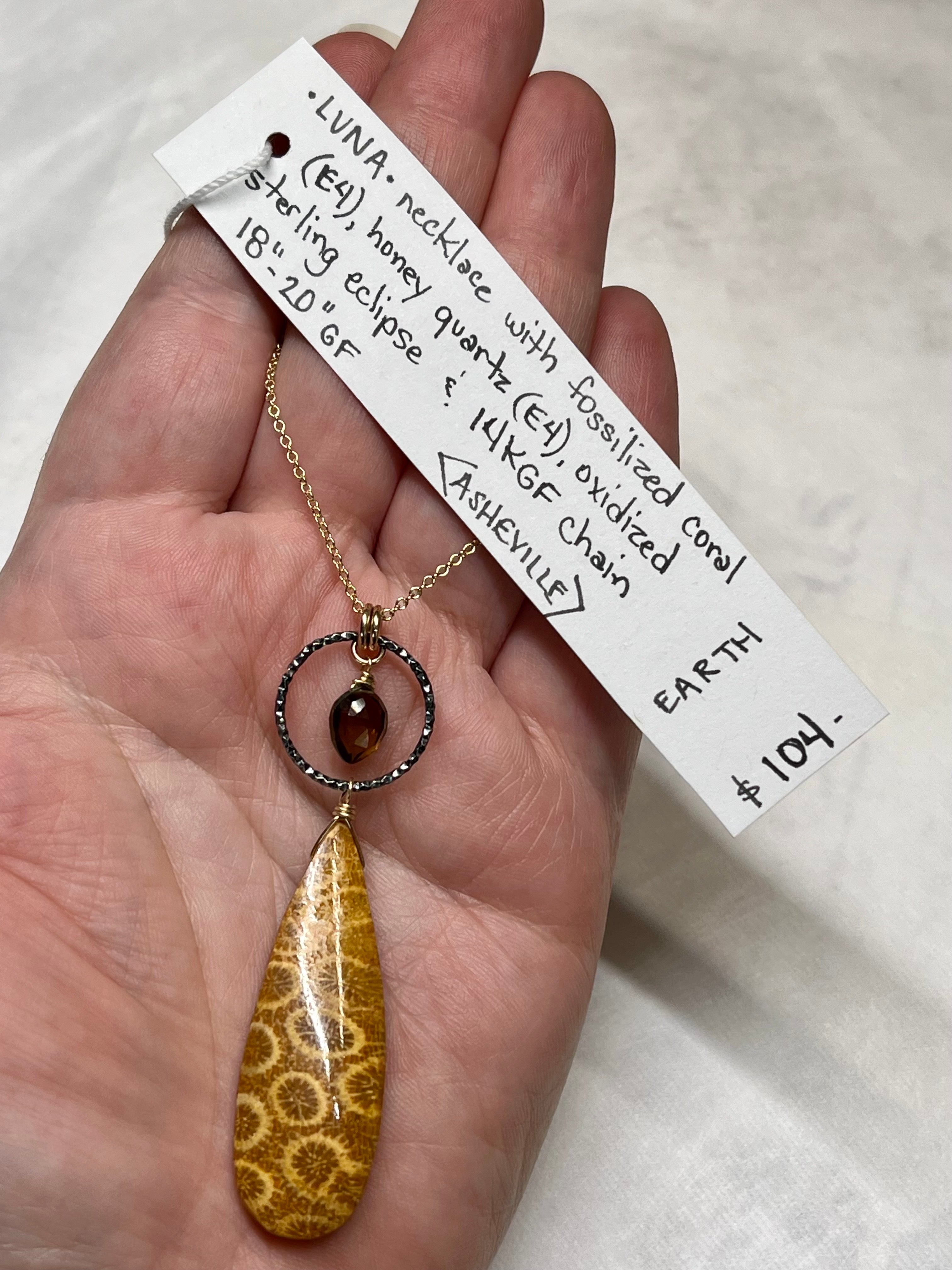 •LUNA• fossilized coral + honey quartz + mixed metal necklace (18"-20")