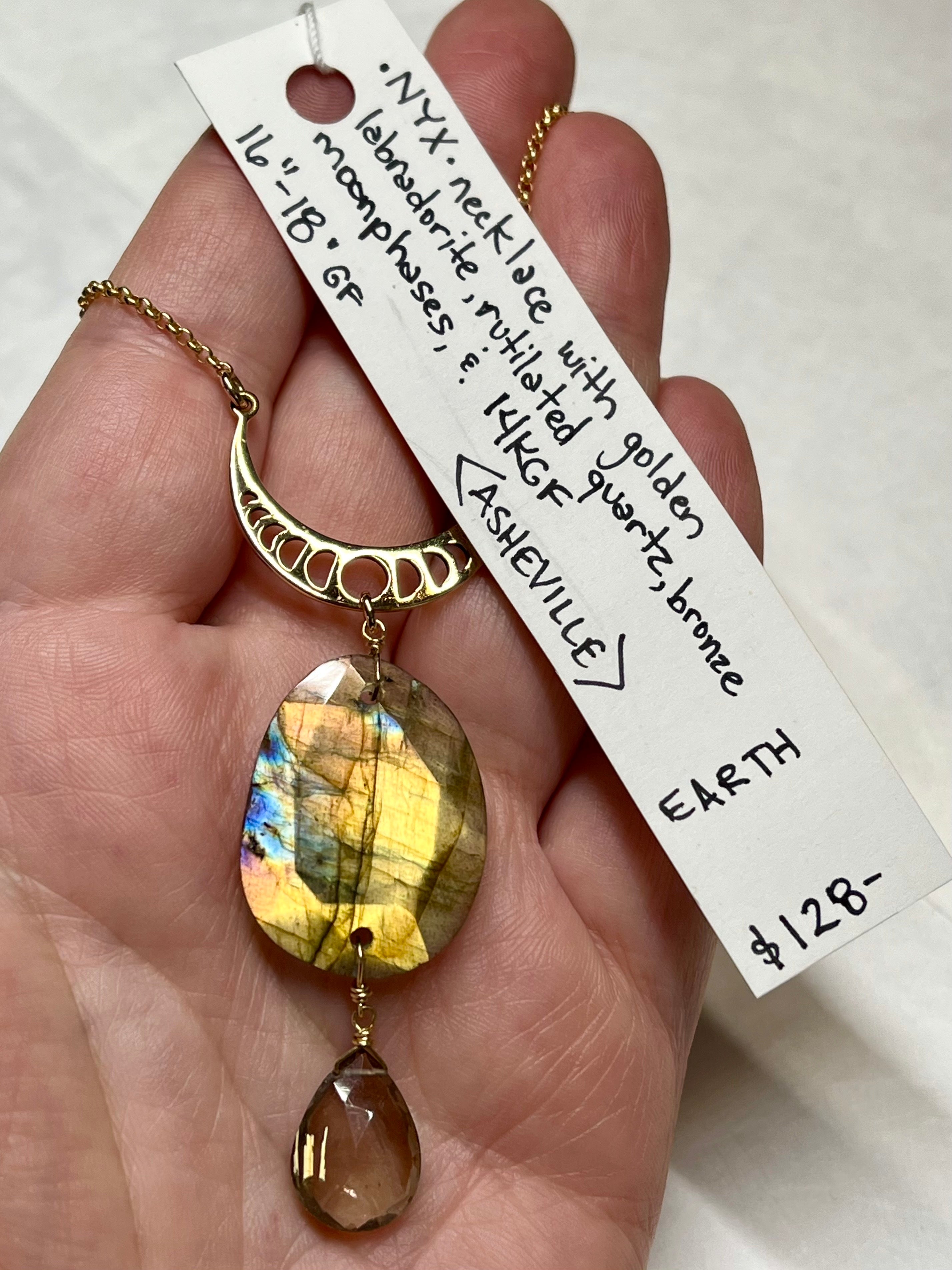 •NYX• faceted labradorite + rutilated quartz + moonphase + gold necklace (16"-18")